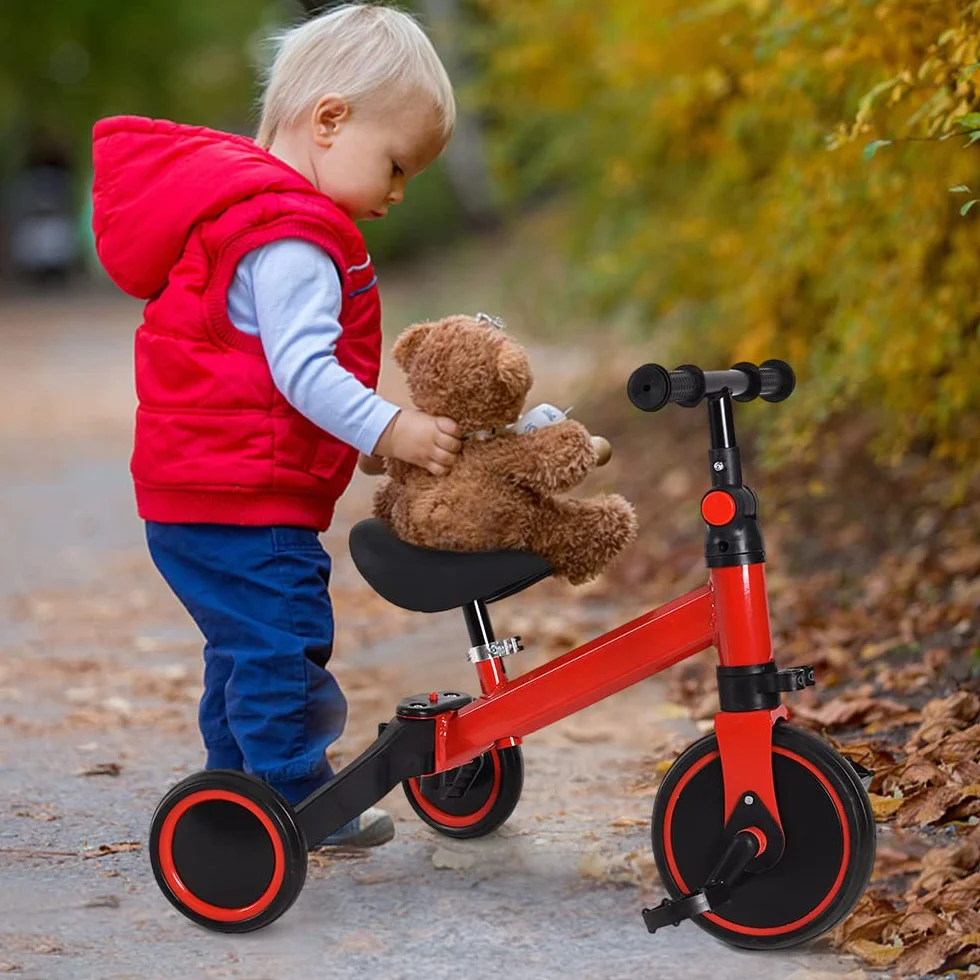 3 in 1 Triciclo Evolutivo Bambino, Bicicletta con Pedali Rimovibili per Bambini 1-7 Anni, Mini Bici/Girello Senza Maniglione Parentale, Bicicletta Evolutivo per Ragazze e Ragazzi (Nero-rosso)