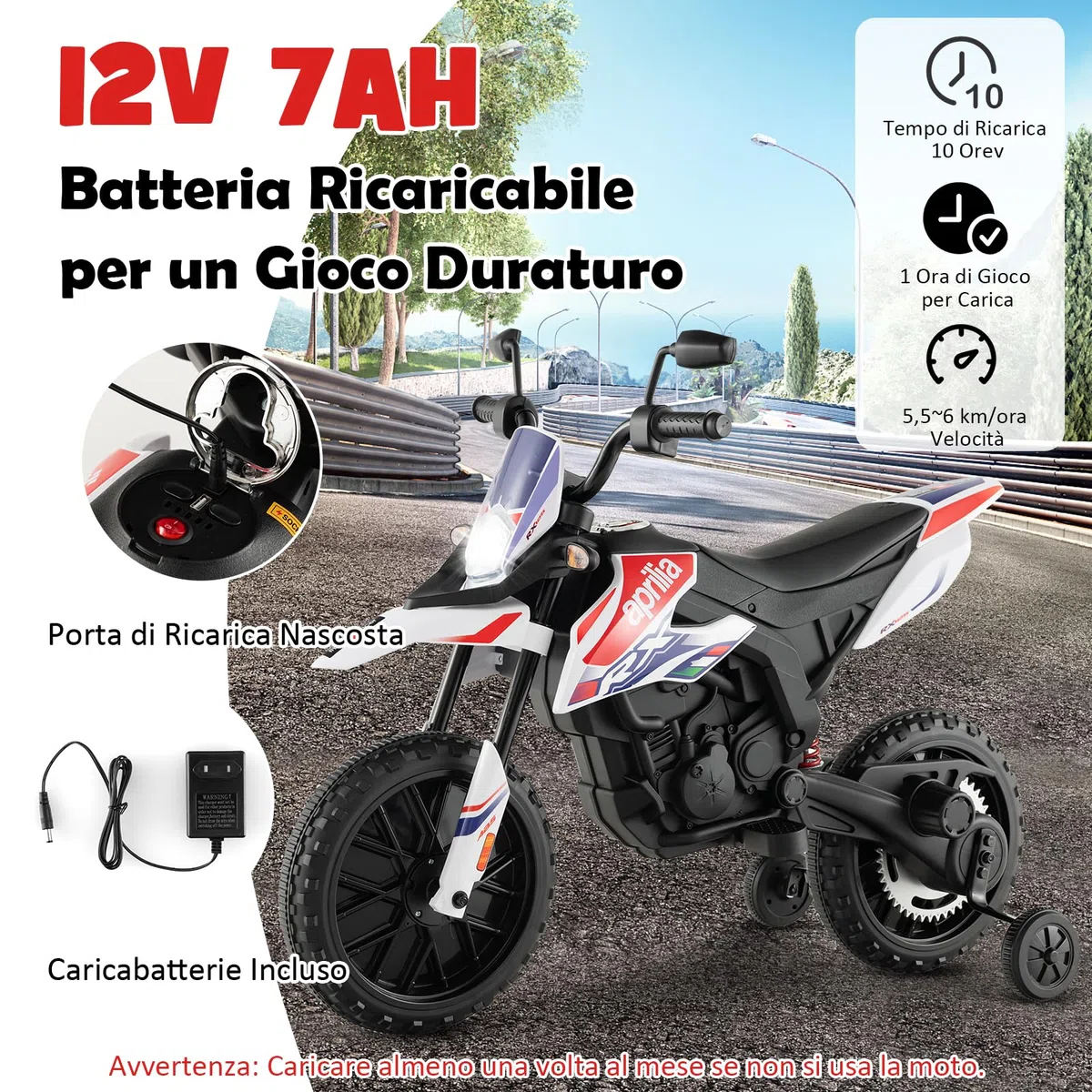 RELAX4LIFE Moto Elettrica Aprilia RX 12 V per Bambini, con Rotelle Ausiliarie, 5,5-6 km/h, Luci,Musica,Fari, Carico 30 KG, per Bambini 3-8 Anni