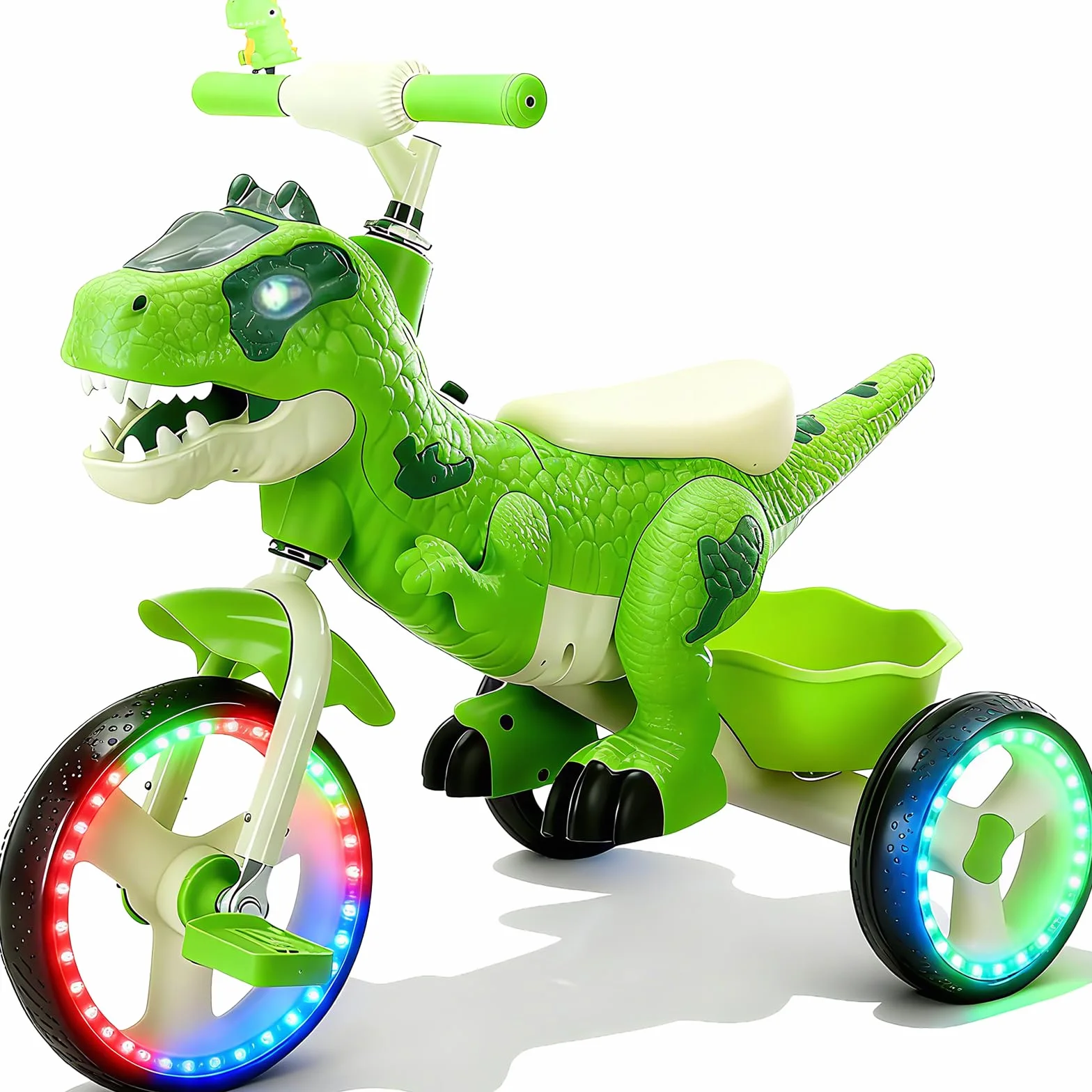 NMM Triciclo Dinosauro Con Clacson e Cesto Portaoggetti, Triciclo Bambini 2, 3, 4, 5, 6 Anni, Con Musica e Luci, Regali di Compleanno e Natale Adatti a Bambini e Bambine - Verde