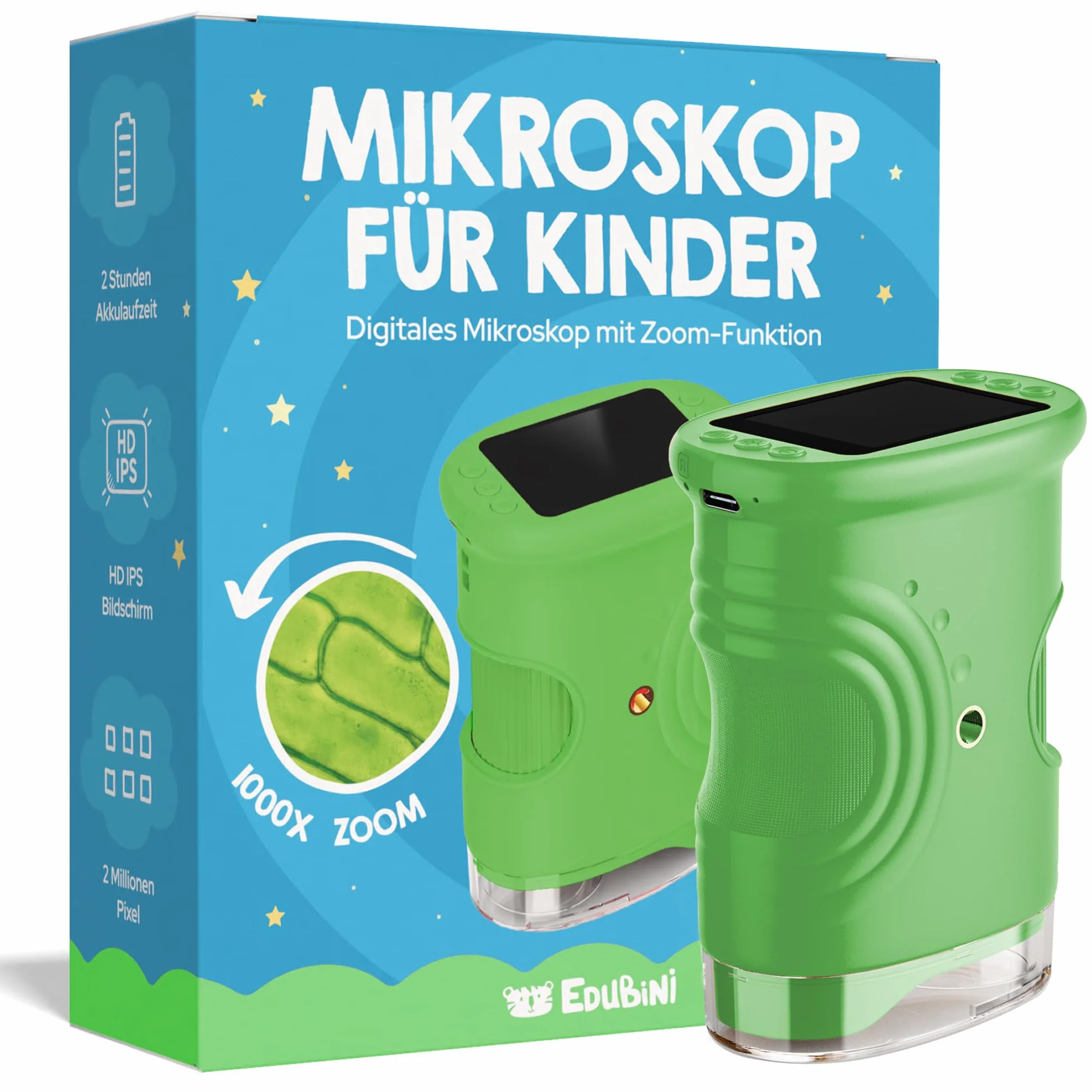 Edubini Microscopio digitale per bambini [ingrandimento 1000x] - Microscopio portatile tascabile per giardino, foresta ed esperimenti - Microscopio per bambini con schermo HD digitale [funzione foto]