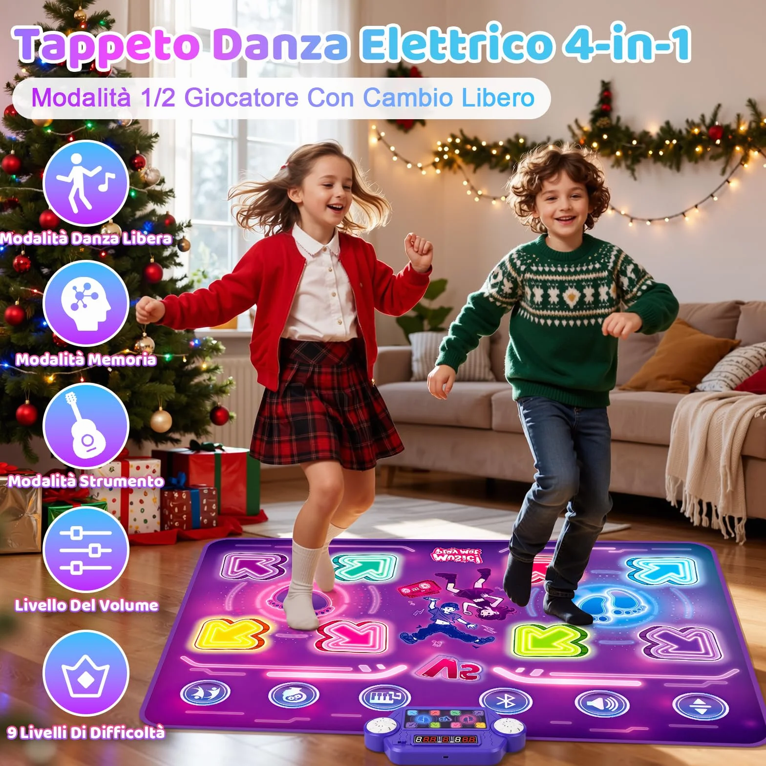 Bambini Tappetino da Ballo con 8 LED, Tappeto da Ballo con Bluetooth per 3 4 5 6 7 8+ Anni,Tappetino da Ballo Elettronico,Giocattolo Tappeto Musicale da Ballo,Regali di Natale di Compleanno (SR)