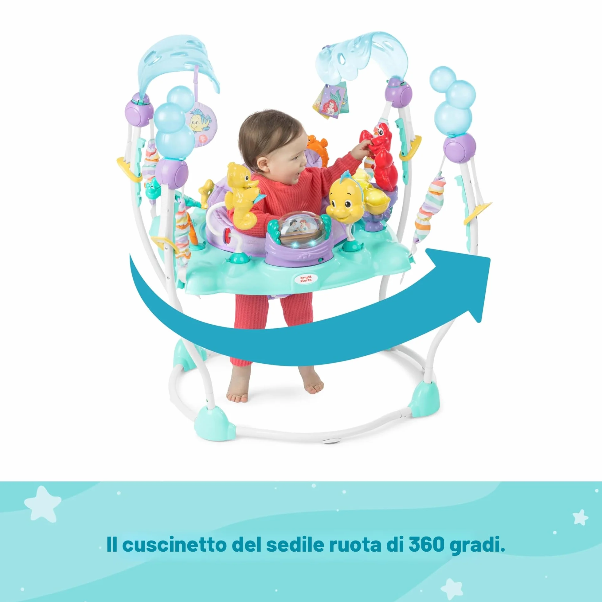 Bright Starts, Disney Baby, Jumper multiattività Sea of Activities della Sirenetta, con Giocattoli interattivi, luci e Musica con Principessa Ariel di Disney, 6-12 Mesi (Blu)