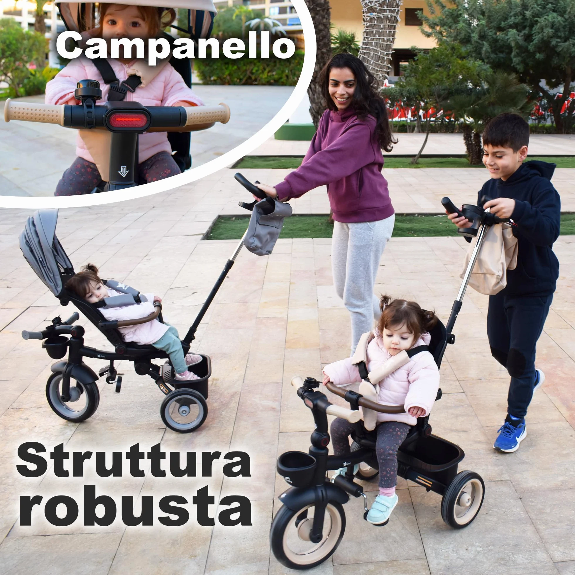 Twinly - Triciclo Evolutivo Bambino Sami Pieghevole con Sedile Girevole 360 Bicicletta 2 anni - Passeggino Bambino, Giocattolo, 1-5 anni o 25 kg - Luce, Cappottina Estensibile (Beige)