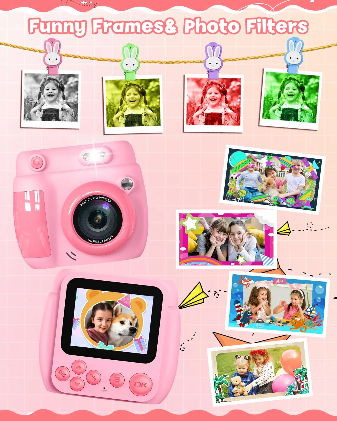 Gofunly Macchina Fotografica Bambini Istantanea, 2,4 Pollici Schermo Fotocamera Istantanea per Bambini con 32GB Scheda, 1080P HD Fotocamera Digitale Regalo per Ragazze Ragazzi da 3-12 Anni