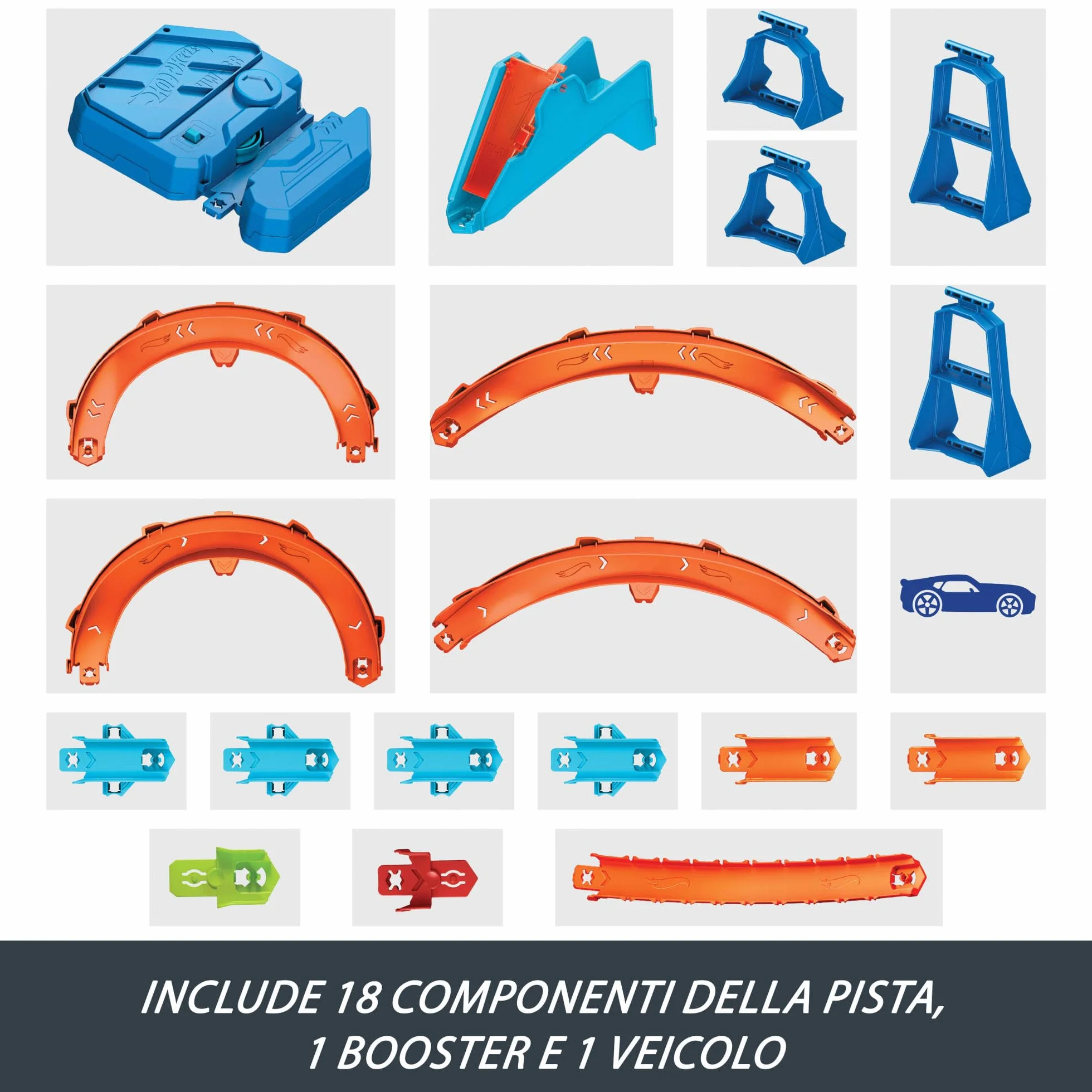Hot Wheels - Boosted Jump Speedway, set pista con box deluxe da costruire e booster motorizzato, macchinina in scala 1:64 inclusa, giocattolo per bambini, 5+ anni, JDB49