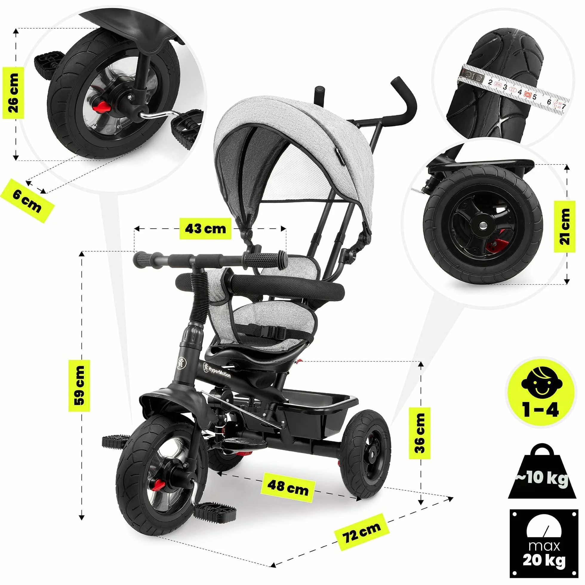 HyperMotion Triciclo Pieghevole per Bambini 1-4 Anni con Manubrio per Genitori - Bicicletta Evolutiva fino a 20kg - Monopattino Bambino Regolabile con Struttura Ergonomica, Grigio