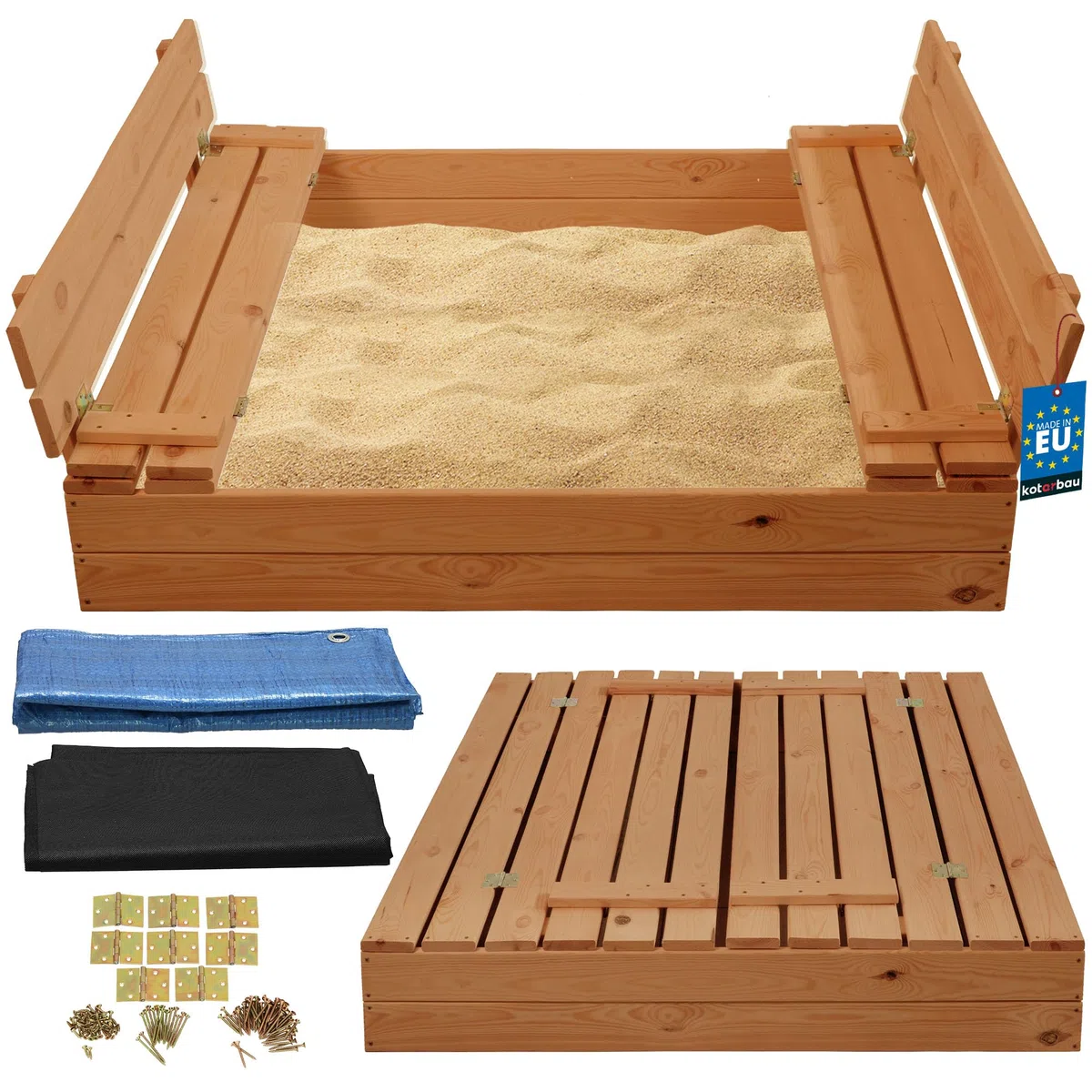 KOTARBAU® Sabbiera per Bambini con Coperchio - Legno di Pino - 120 x 120cm - Marrone - Sabbiera da Giardino per Bambini - con Panche Pieghevoli e Telo Antierba - Impragnato