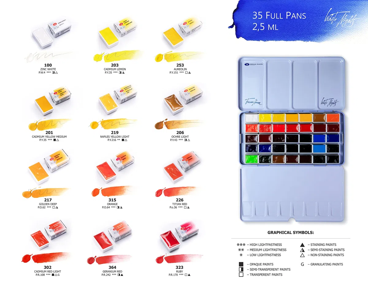 Honsell White Nights - Set di acquerelli per artisti, 35 colori in una custodia in metallo