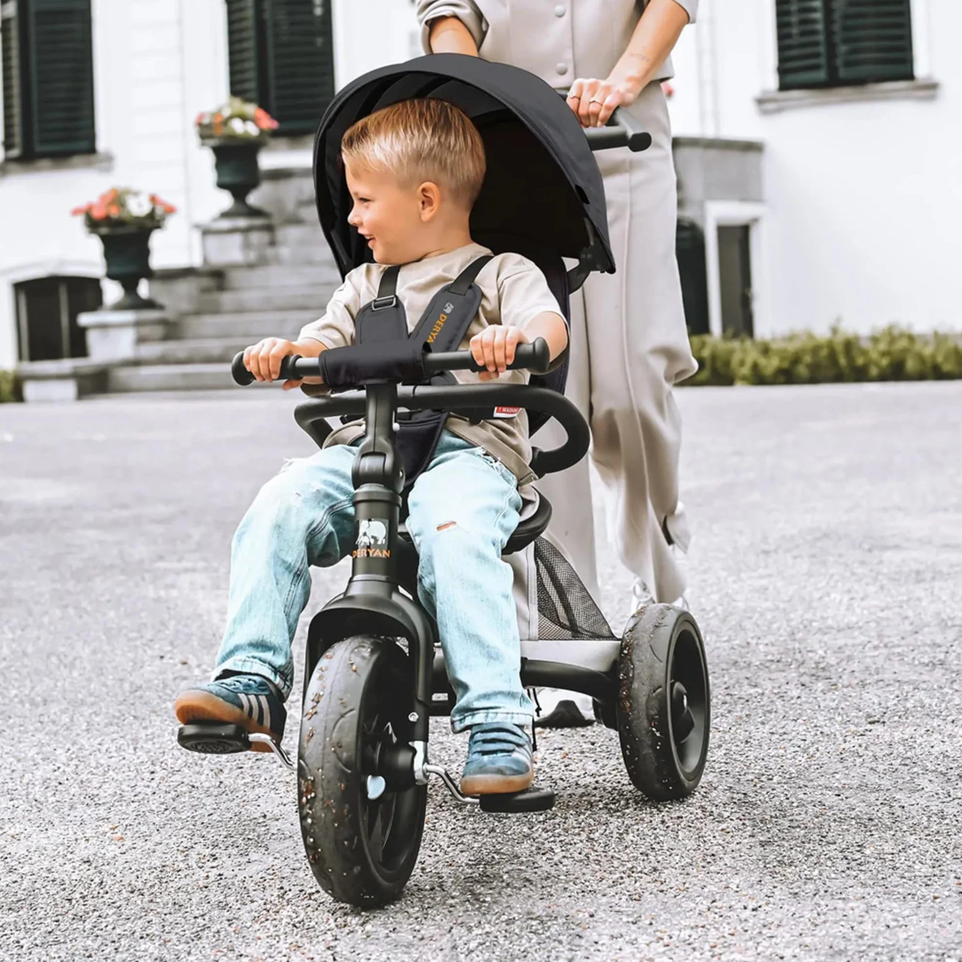 Deryan Explorer Triciclo da 9 Mesi fino a 25 kg – Triciclo per Bambini con Maniglione di Spinta – Sedile Girevole – Tettuccio Estensibile con Protezione Solare – Nero