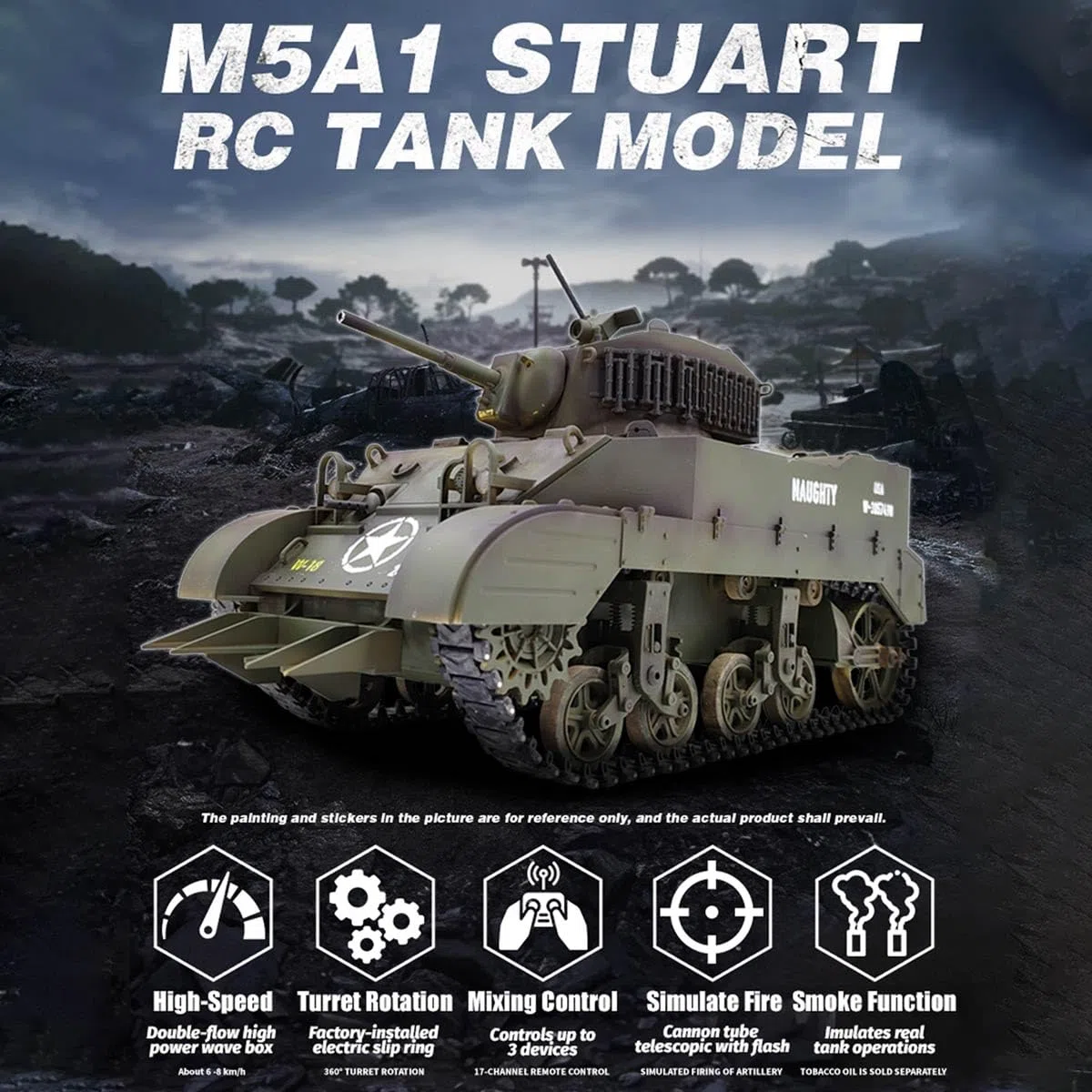 1/16 Scale RC Tank, US M5A1 Stuart, modello di carro armato radiocomandato con effetti sonori, telescopio scarico fumo R-C veicolo militare per adulti