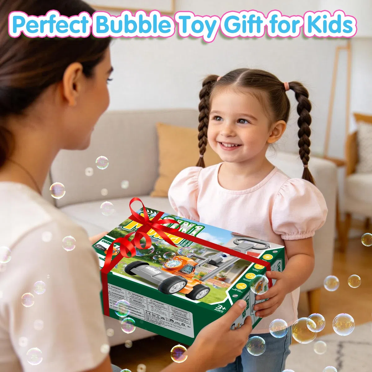 Tosaerba Spara Bolle per Bambini, Macchina per Bolle 3-in-1 con 10 Soluzioni, Giochi all'Aperto per Bambini 3-8 Anni, Regalo di Compleanno Pasqua Estate per Ragazzi e Ragazze 3 4 5 6 7 8 Anni