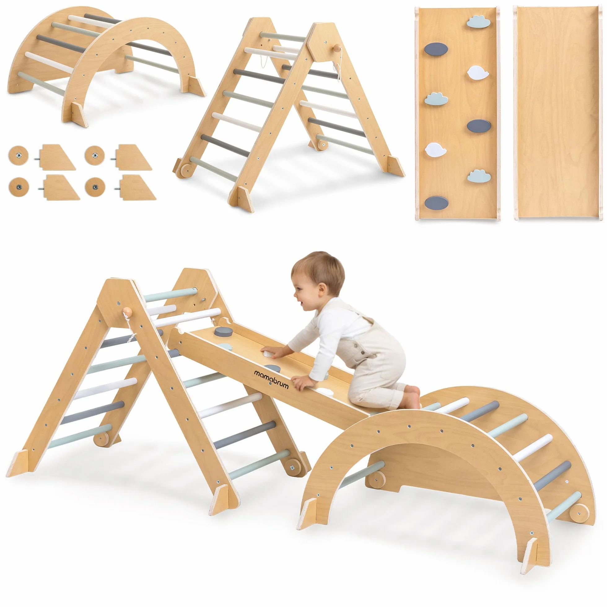 Mamabrum Triangolo Pikler Arco da Arrampicata Scivolo Doppio Lato Set Sport Montessori Pieghevole Sicuro