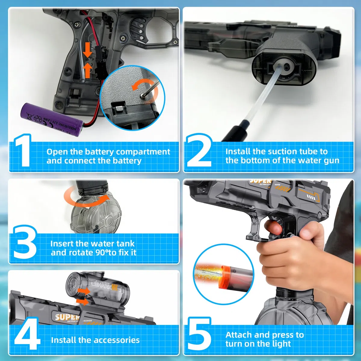 4PCS Pistola ad Acqua Elettrica, Fucile ad Acqua con Fiamma LED, Gittata 8-10M, Ricaricabile Pistole ad Acqua Automatica per Bambini,Piscina, Spiaggia e Giardino, Giocattolo Regalo di Compleanno