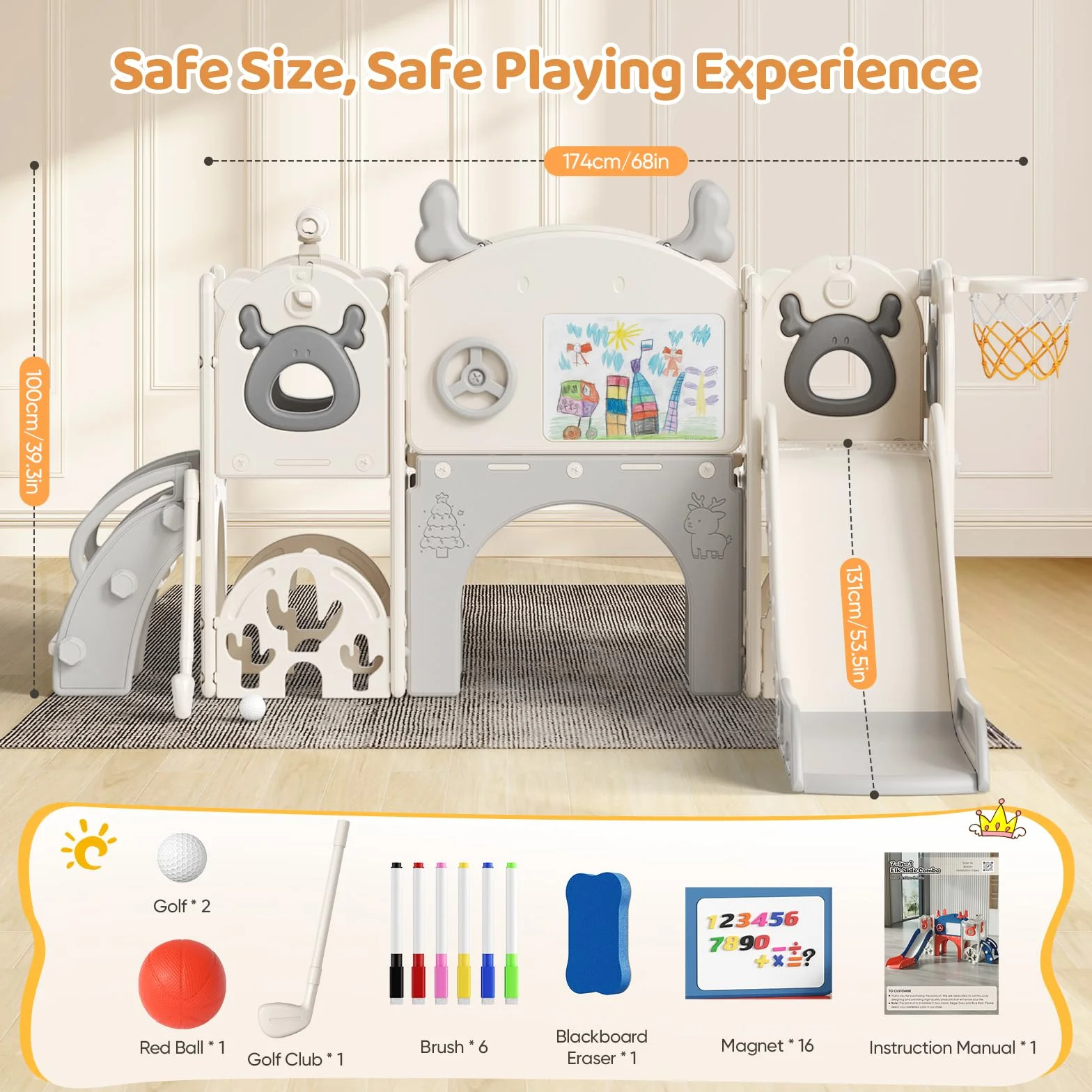 Scivolo per bambini con cerchio da pallacanestro, scivolo a tema Alce, parco giochi al coperto e all'aperto, kit da gioco per arrampicata indipendente con scivolo per bambini (beige grigio-7 in 1)