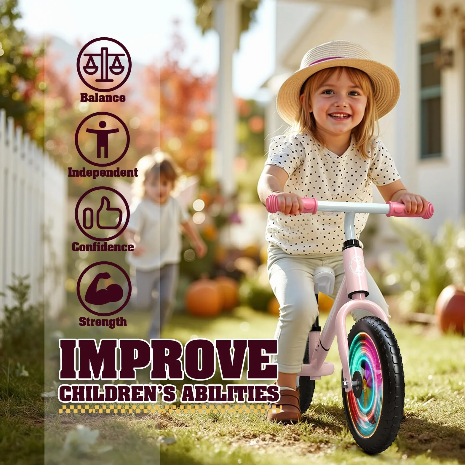Bicicletta senza Pedali per Bambini 2-5 Anni, Regolabile in Altezza (Sella e Manubrio), Luci LED, Gomme Antiscivolo, Regalo Bambino 2 3 4 5 Anni, Max 50 kg, Colore Rosa