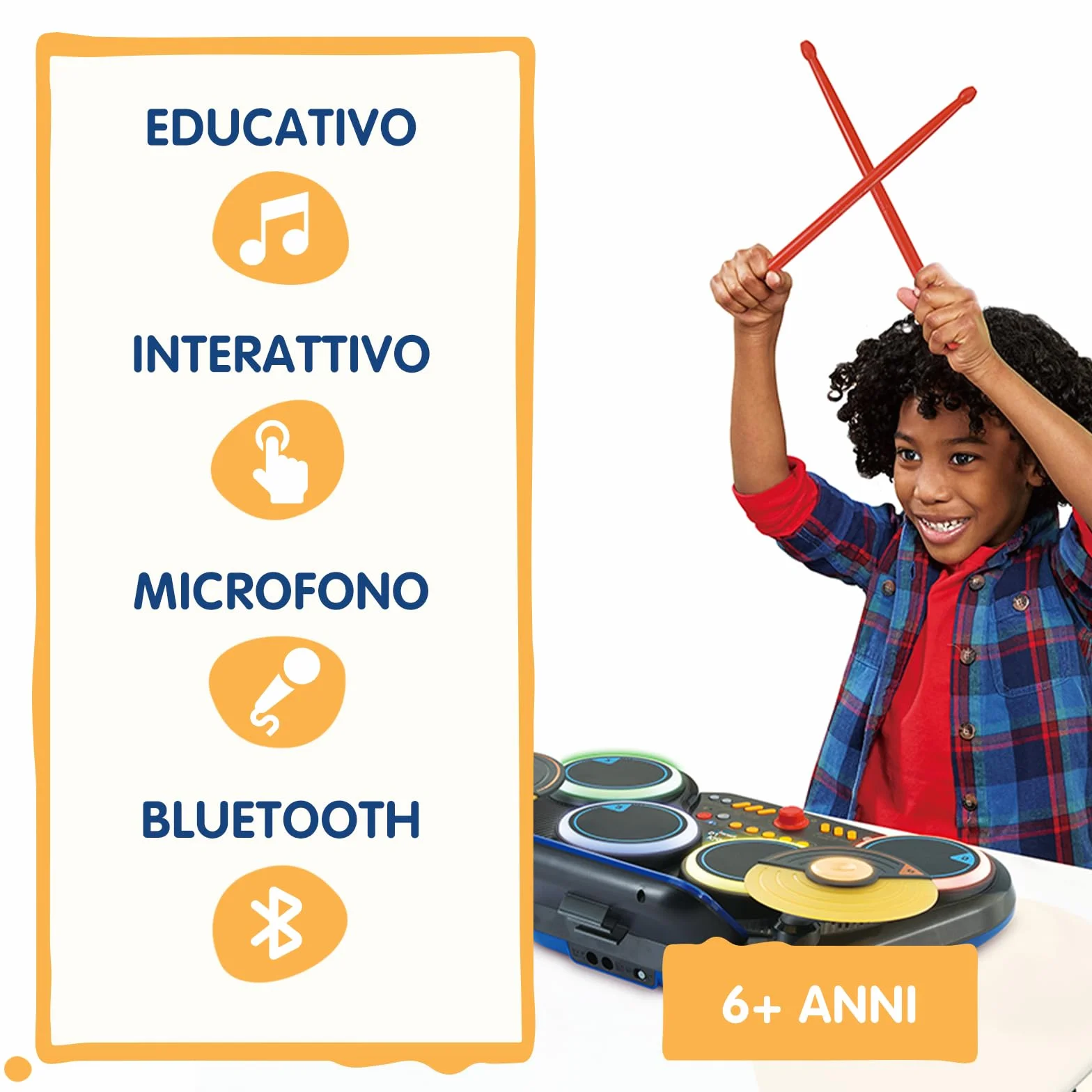 VTech Kidi DJ Drums, Batteria Elettronica per Bambini con Pad Luminosi, Giochi Musicali, Modalità Bluetooth e Microfono Integrato, Bacchette Incluse, Lingua Italiana, Batterie Incluse, 6+ Anni