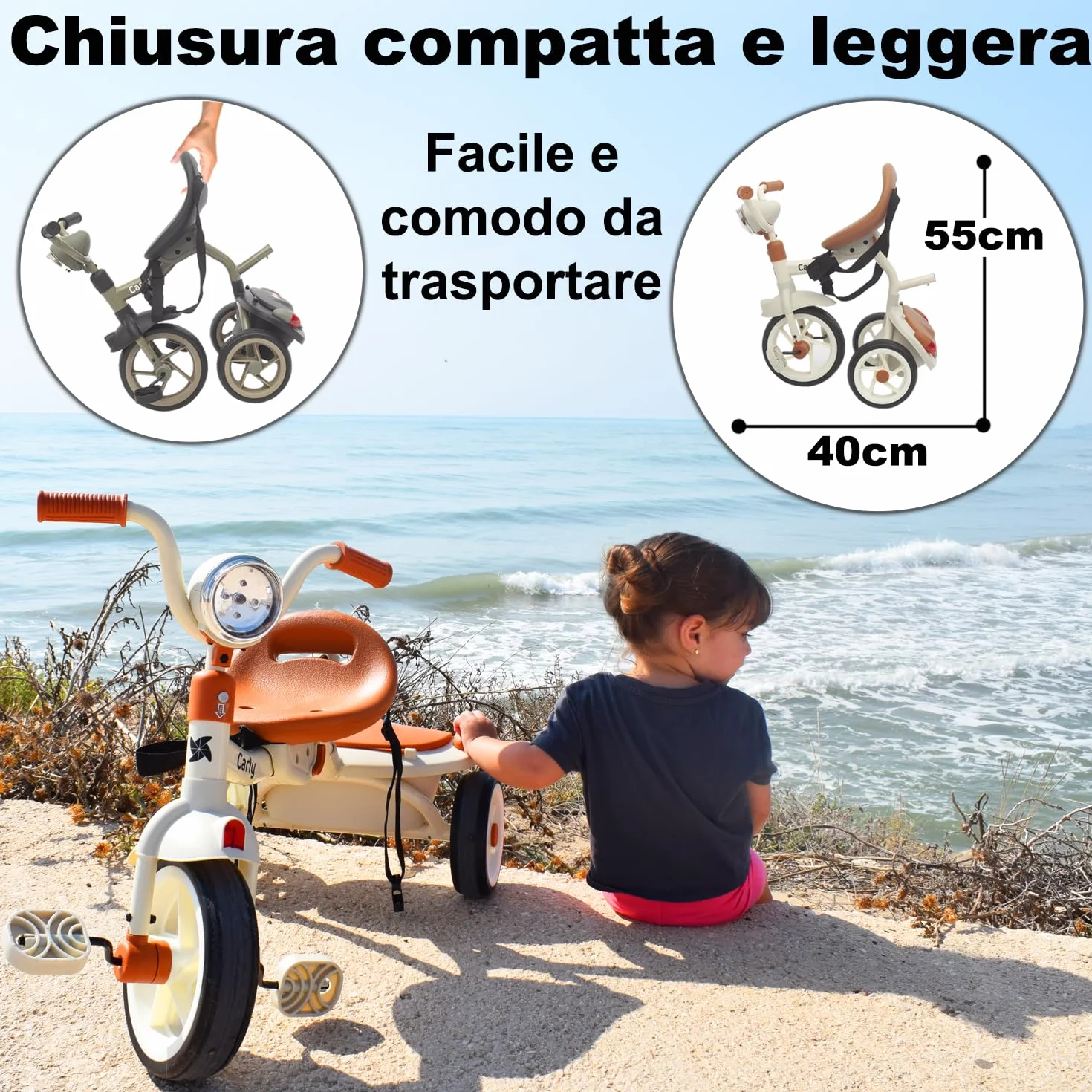 Twinly Triciclo Evolutivo per Bambini Pieghevole per bambini 1-5 Anni - Triciclo per Bambini Leggero e Compatto - Manubrio con Luce e Suono, Cestino e Barra di Spinta Regolabile Carly (Bianco)