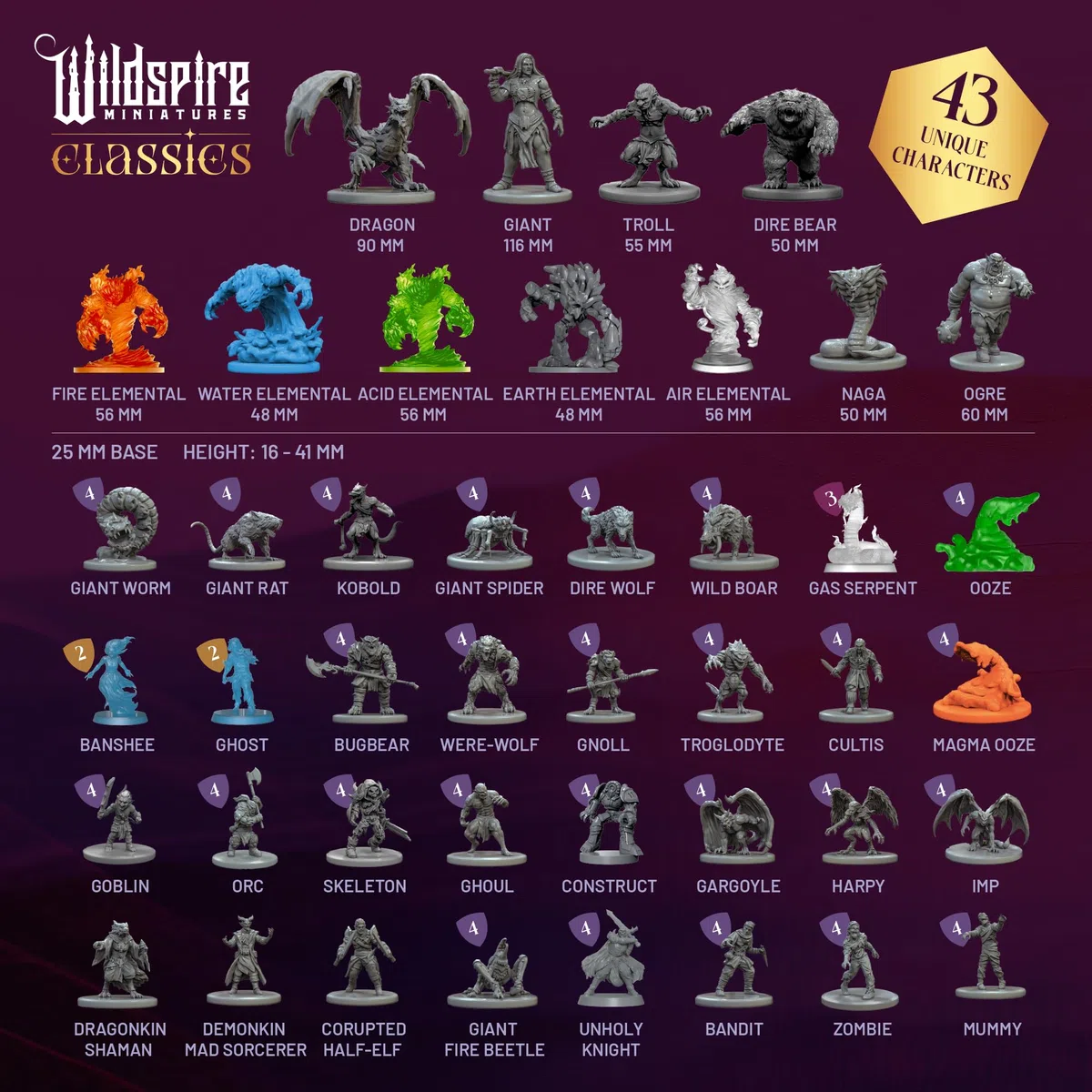 Wildspire Classic Creatures - Set completo 1 - Miniature essenziali di mostro DND verniciabile, 125 miniature per D&D in scala da 28 mm Minatures Dungeons and Dragons Minis D&D