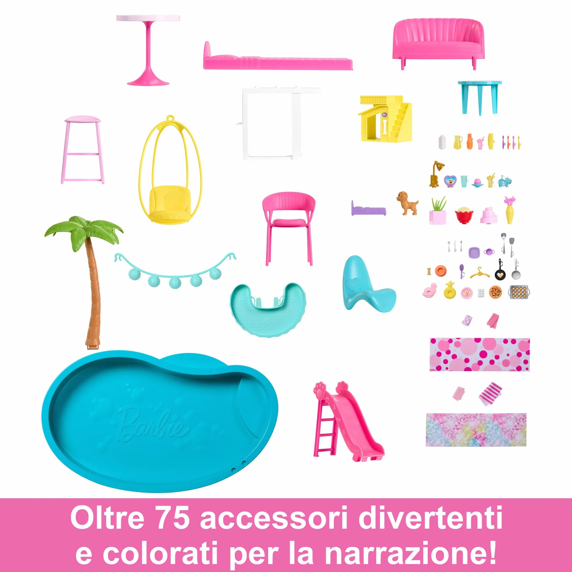 Barbie - Casa dei Sogni di Barbie, playset casa delle bambole con piscina, scivolo a 3 piani, ascensore e aree di gioco per cuccioli, 75+ accessori, giocattolo per bambini, 3+ anni, HMX10