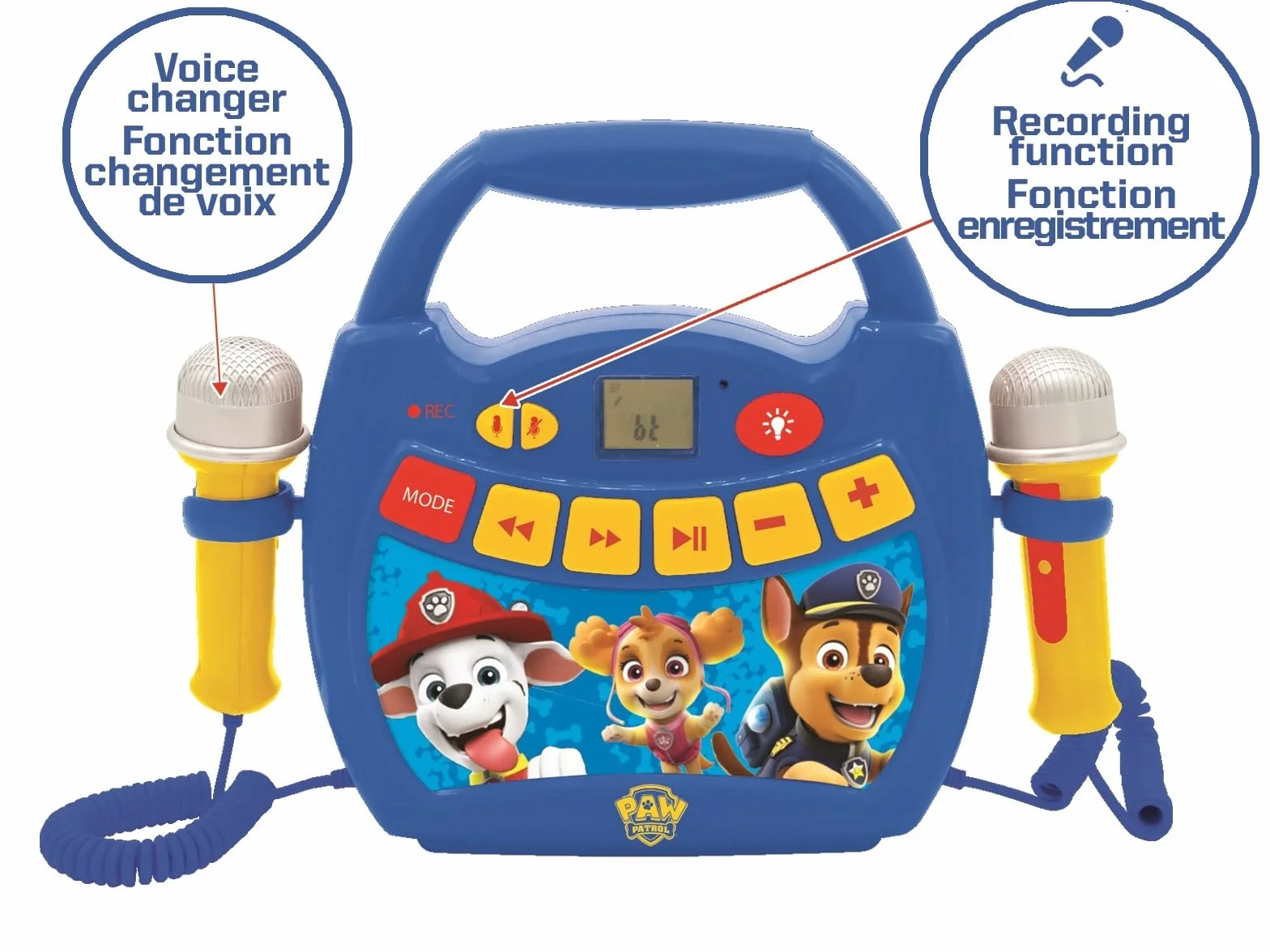 Lexibook – Paw Patrol - Lettore Musicale Karaoke Portatile per Bambini - Microfoni, Effetti di Luce, Bluetooth, Blu/Rosso, MP320PAZLXB