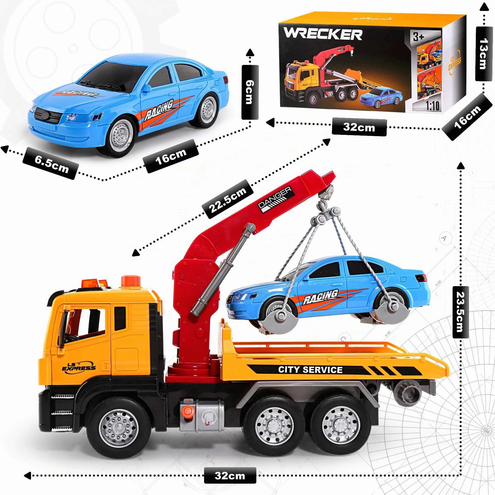 BunnyJOY Camion Giocattolo Bambini 3 4 5 6 Anni, Camion Soccorso Giocattolo con Luci e Suoni, Carro Attrezzi con Gru e Catena con Auto Inclusa, Regalo Bambini