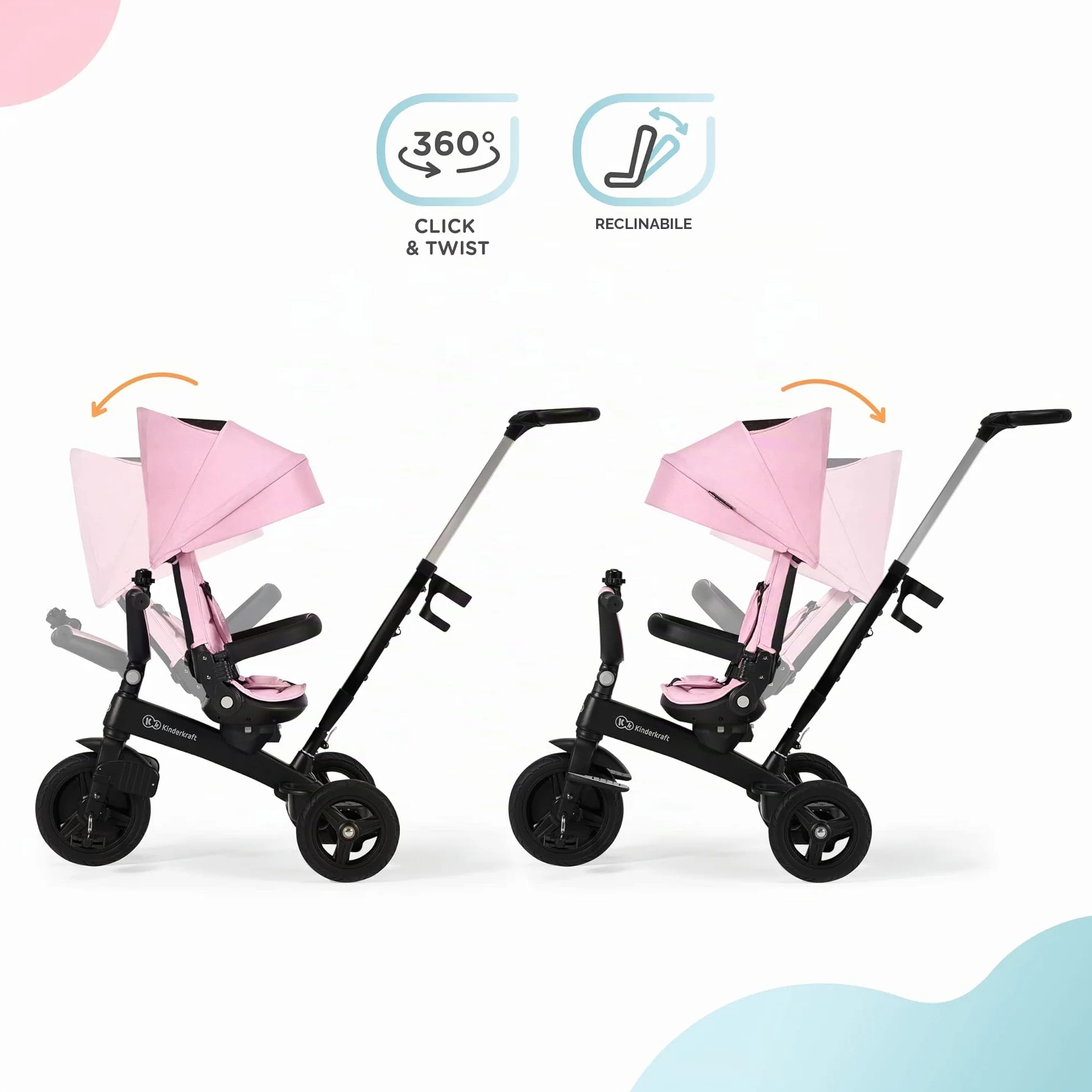 Kinderkraft Triciclo Evolutivo TWIPPER, con Maniglione, Sella Girevole 360 Gradi, Accessori, Campanello, Portabicchiere, da 9 Mesi fino a 5 Anni, Rosa
