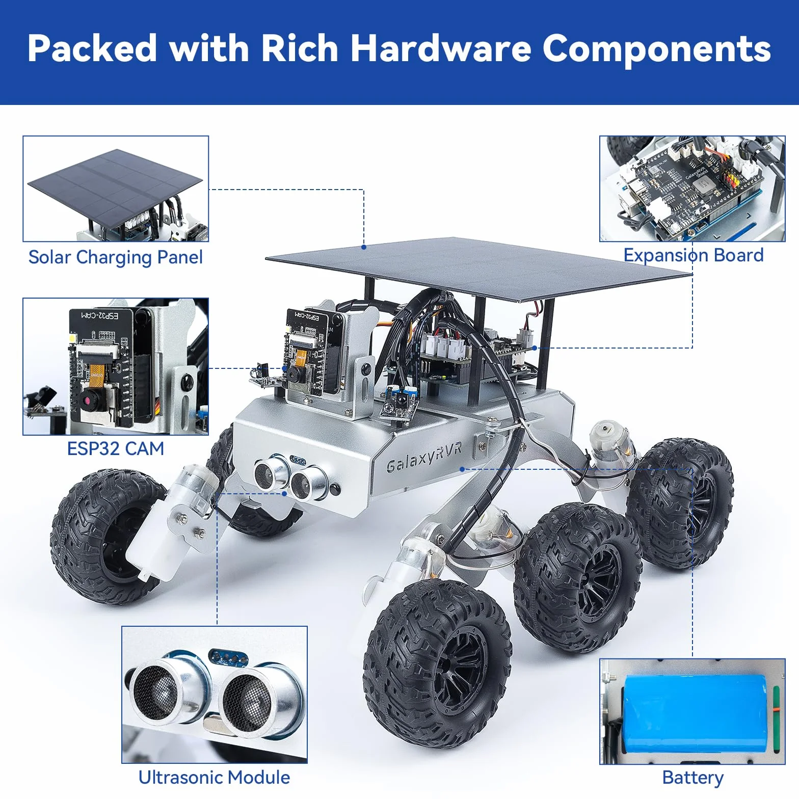 SunFounder GalaxyRVR Mars Rover STEM Kit per Arduino, compatibile con Uno R3, sospensione Rocker-Bogie, Scratch, C, fotocamera, FPV, batteria ricaricabile, per studenti, educatori, ingegneri