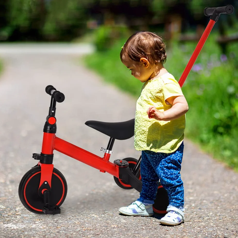 Triciclo Bambini, Triciclo Bimba e Bimbo con Maniglione ad Altezza Regolabile, Max 25 kg, Giochi per Bambini 18 Mesi, 2-5 Anni, Ruote Silenziose, Asta di Spinta-3 in 1 (rosso)