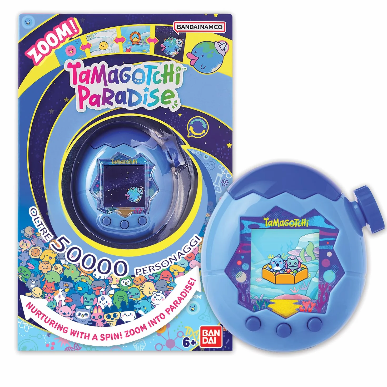 TAMAGOTCHI Bandai Paradise Acqua - Animale Virtuale da accudire Giocattolo Interattivo in italiano, rotella di zoom - Modello Acqua Blu - Giocattolo per Bambini dai 6 anni in su - 43422