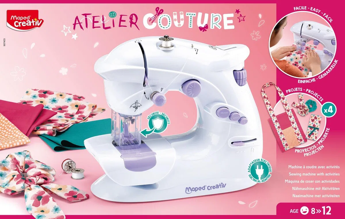 Maped Creativ - Atelier Couture - Macchina da Cucire con 4 Realizzazioni Tendenze da Creare - Kit completo per Principianti, con Sistema di Sicurezza - 8 anni