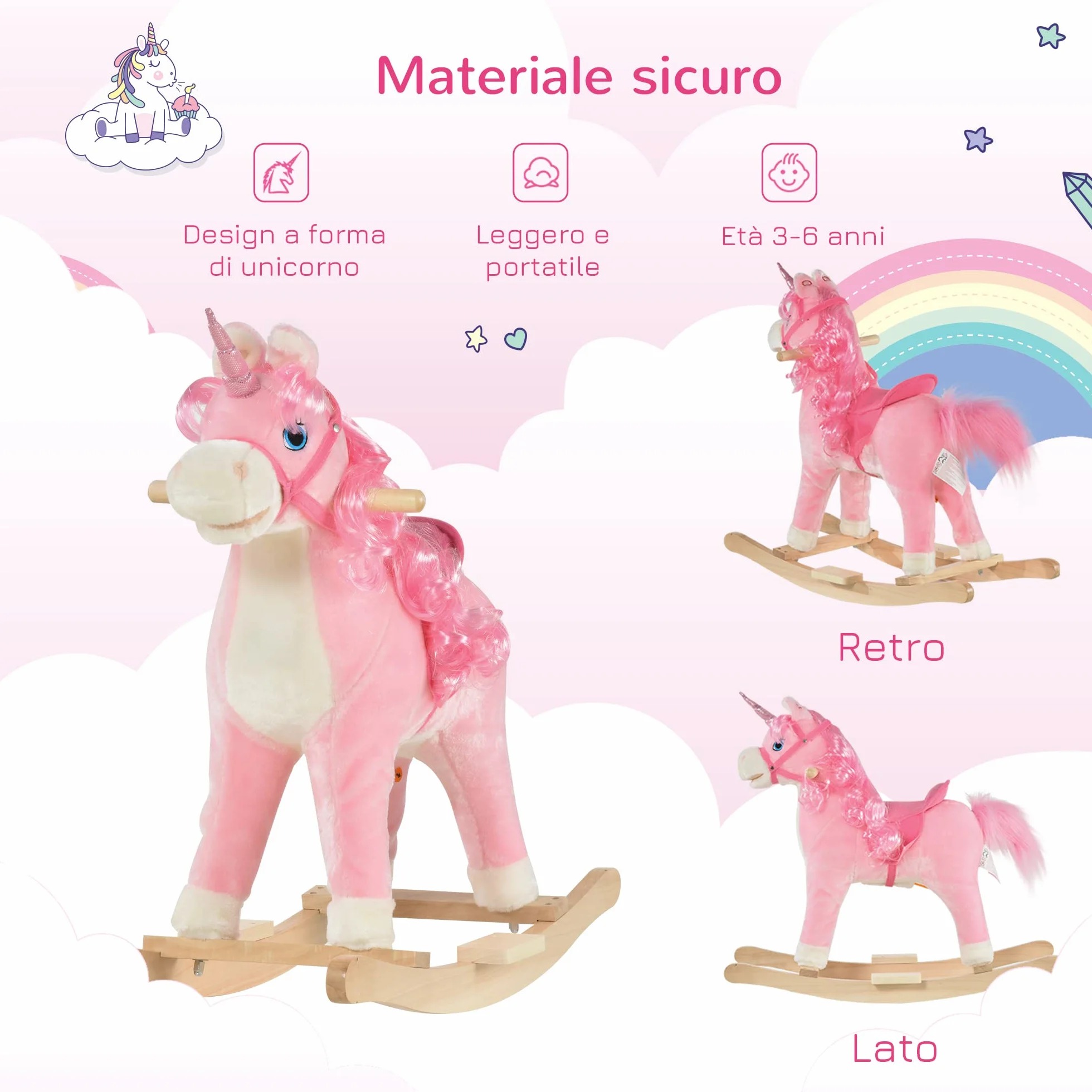 HOMCOM Cavallo a Dondolo per Bambini 36-72 Mesi, Unicorno a Dondolo con Suoni in Legno e Peluche Rosa, 74x33x62cm