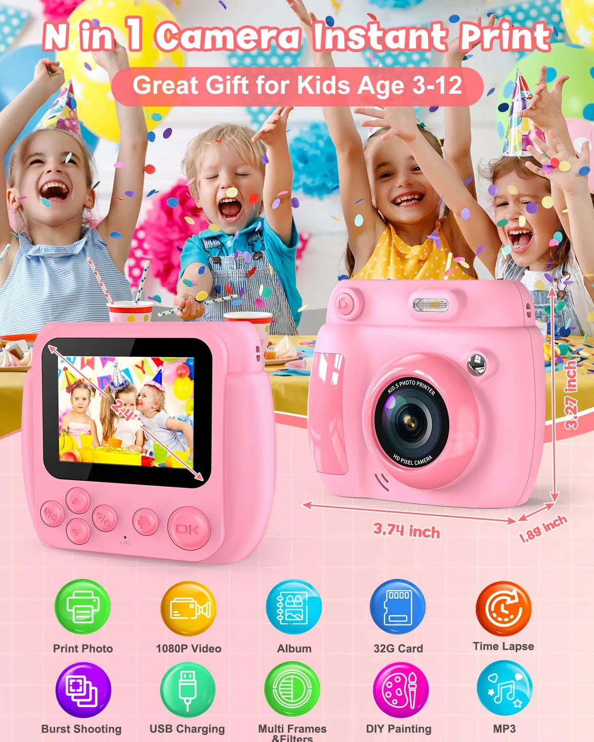Gofunly Macchina Fotografica Bambini Istantanea, 2,4 Pollici Schermo Fotocamera Istantanea per Bambini con 32GB Scheda, 1080P HD Fotocamera Digitale Regalo per Ragazze Ragazzi da 3-12 Anni