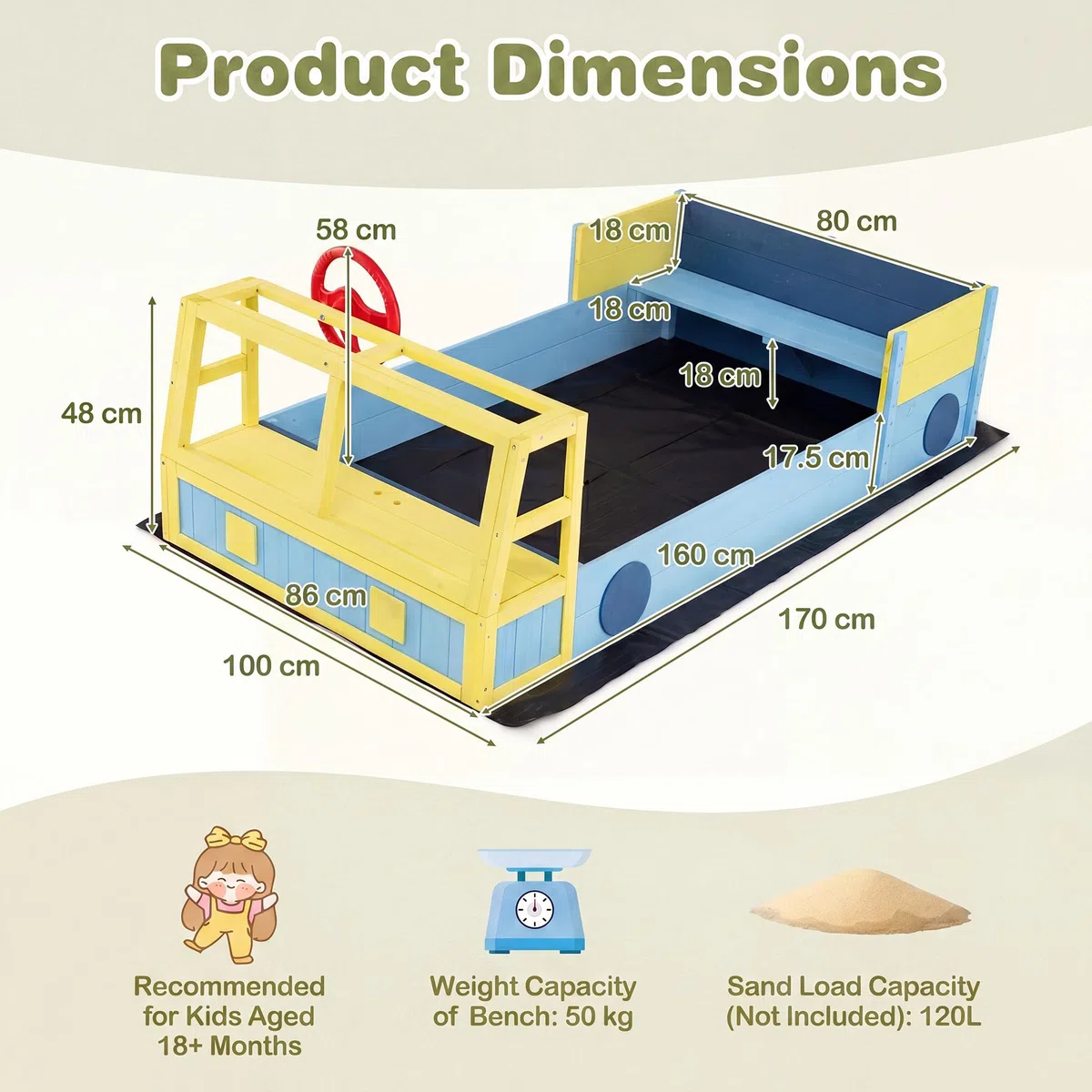 HOMASIS Sabbiera per Bambini a Forma di Camion dei Pompieri, Sabbiera da Esterno con Panca, Contenitore Portaoggetti Nascosto, Rivestimento, Sandbox per bambini 18+ Mesi, 170 x 100 x 48 cm