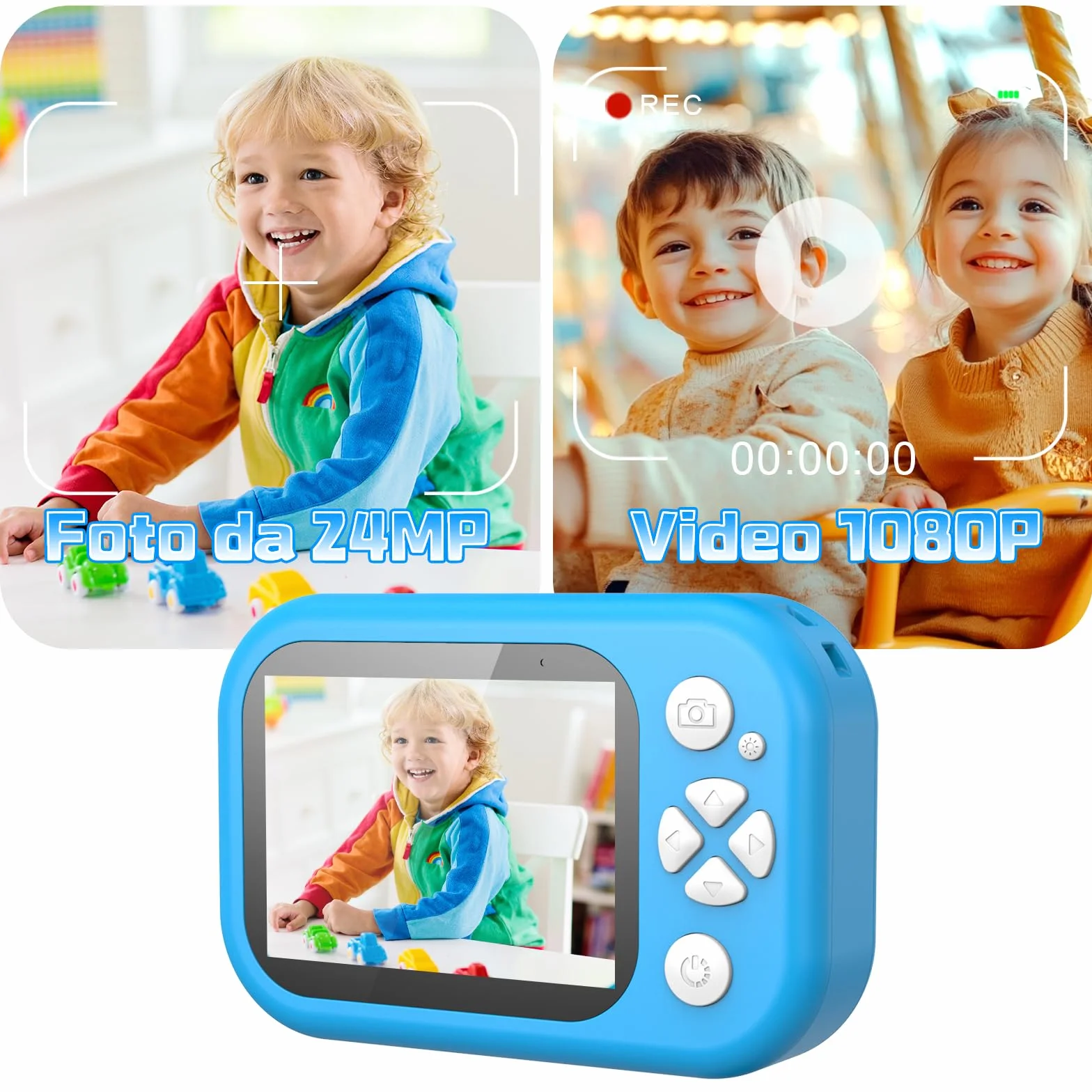 CHAKEYAKE Macchina Fotografica Bambini, 1080P IP67 Fotocamera Impermeabile Bambini con Zoom 10X, Schermo 2.4'', Scheda 32GB Inclusa, Giocattolo per Piscina e Spiaggia, Regalo per 3–12 Anni, Blu