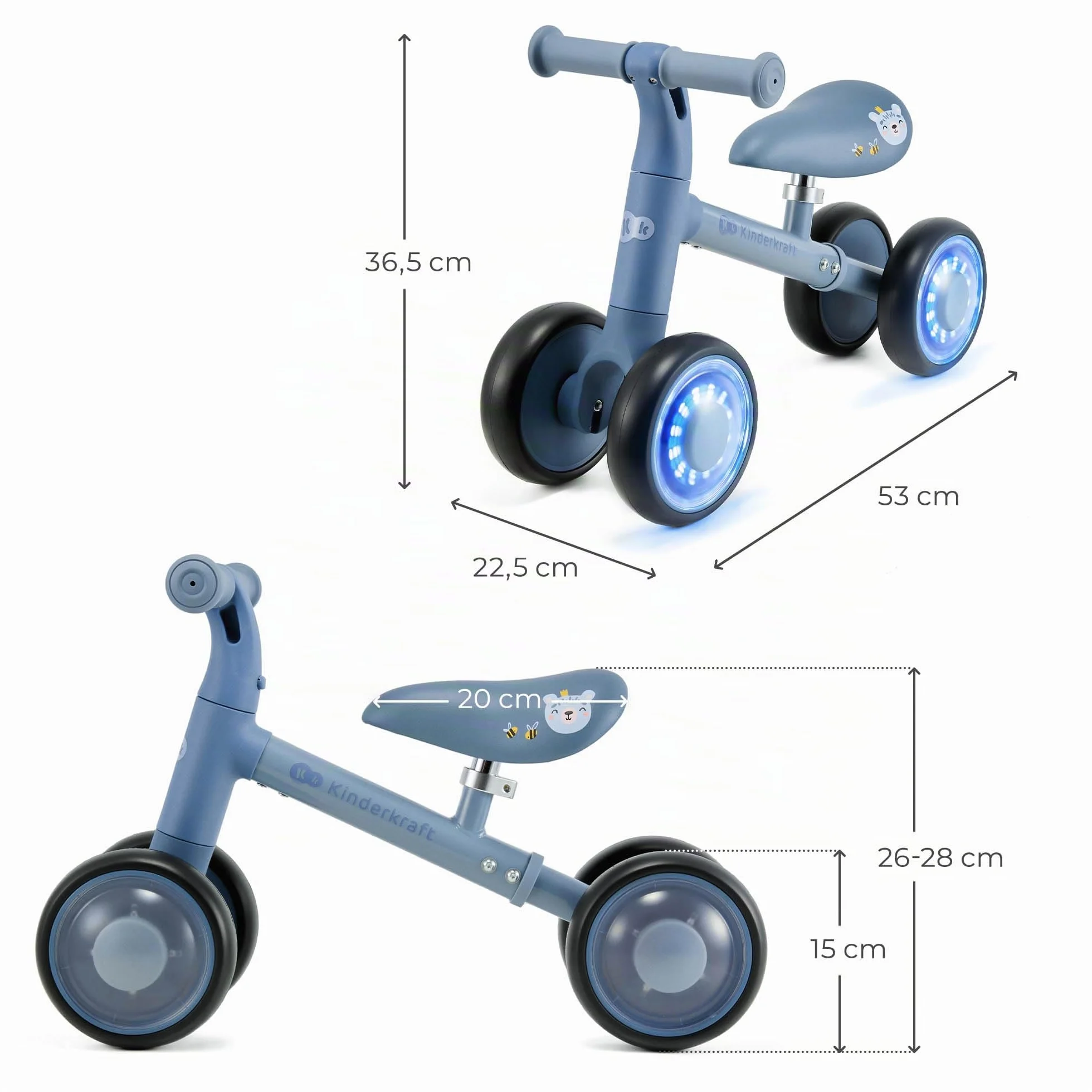 Kinderkraft CUTIE FLASH, bicicletta educativa per bambini, senza pedali, ruote con luci a LED, design moderno, costruzione sicura, per bambini a partire da 1 anno, Blu