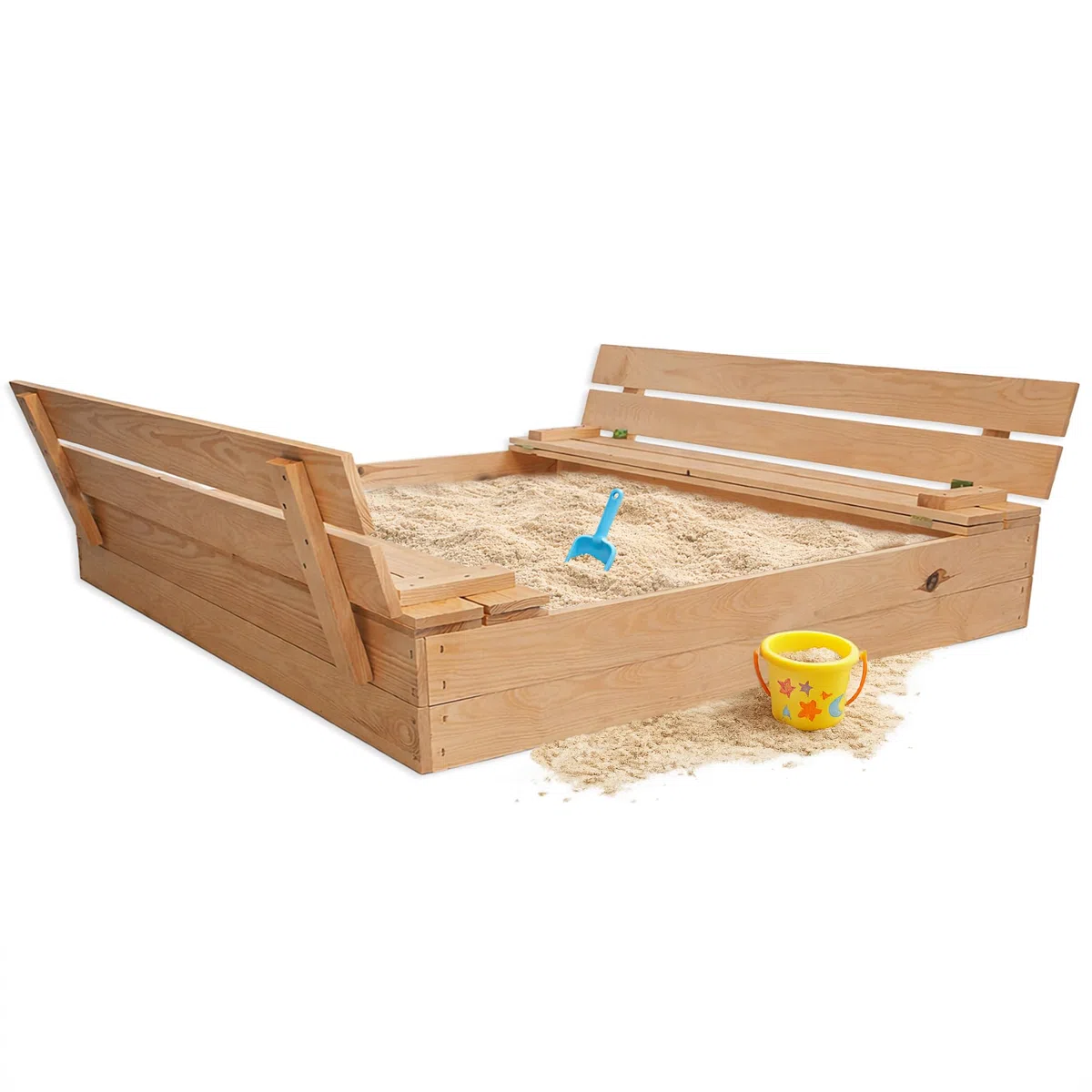 MG Design Sabbiera in legno 120 x 120 cm – con panchine pieghevoli e coperchio, sabbiera da giardino per bambini, sandbox legno esterno