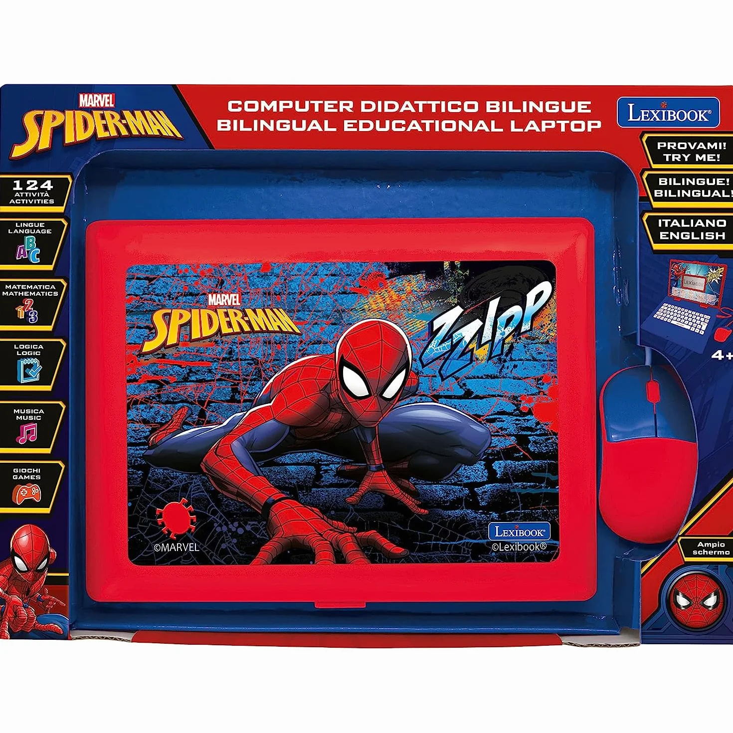 Lexibook Spider-Man Portatile Educativo Bilingue Italiano/Inglese 124 Attività Giochi Musica Blu Rosso JC598SPi5