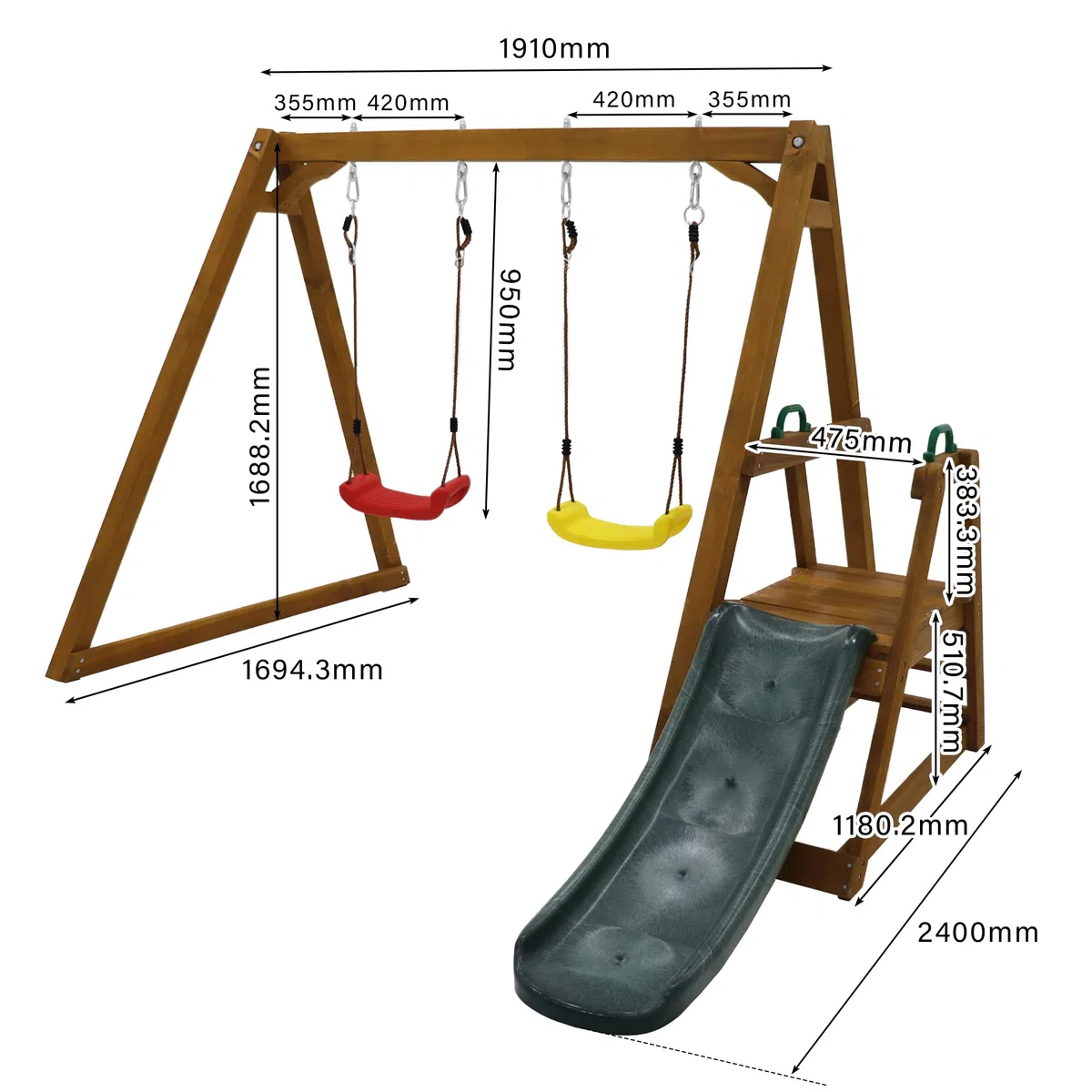 Altalena Doppia per Bambini con Scivolo e Scaletta, Struttura in Legno Massello per altalena da Esterno, Altalena per Due Persone 238,5 x 240 x 168,9 cm