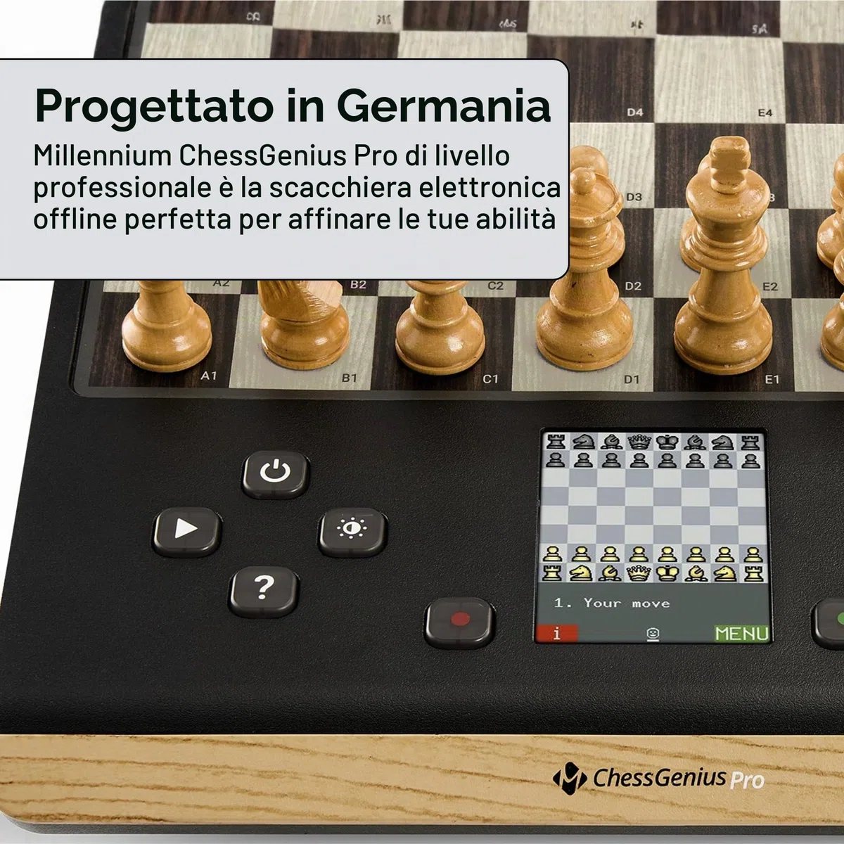 Computer per scacchi MILLENNIUM ChessGenius Pro Wood Edition - Elegante look in legno con pezzi in vero legno, facile da usare, ideale per i giocatori per hobby con funzioni di apprendimento AI