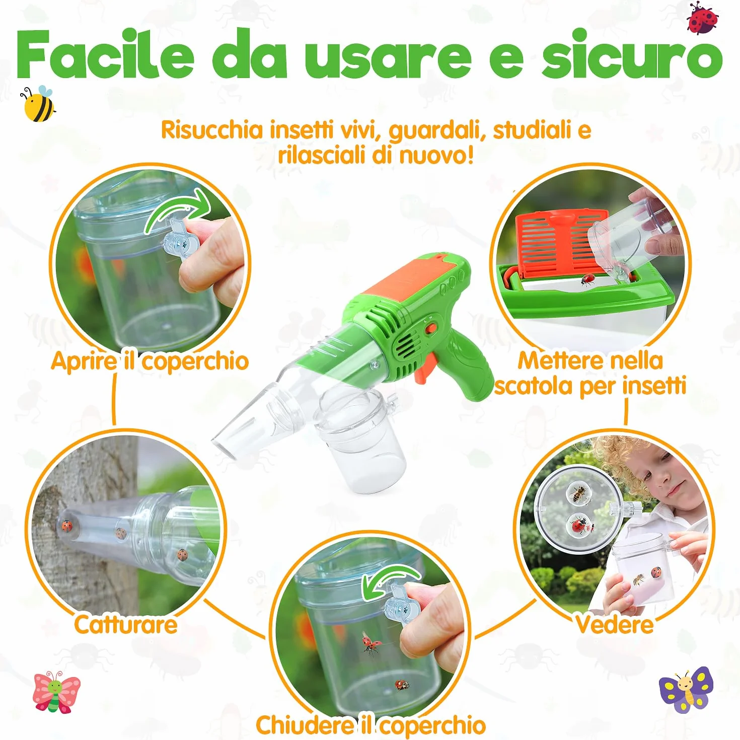 Kit Esploratore Bambini con Cattura Insetti, Scatola per Insetti, Rete di Farfalle, lenti d'ingrandimento, Pinzette, Portachiavi, Esplorazione Outdoor Giocattoli Regalo Set per Bambini da 3+ Anni