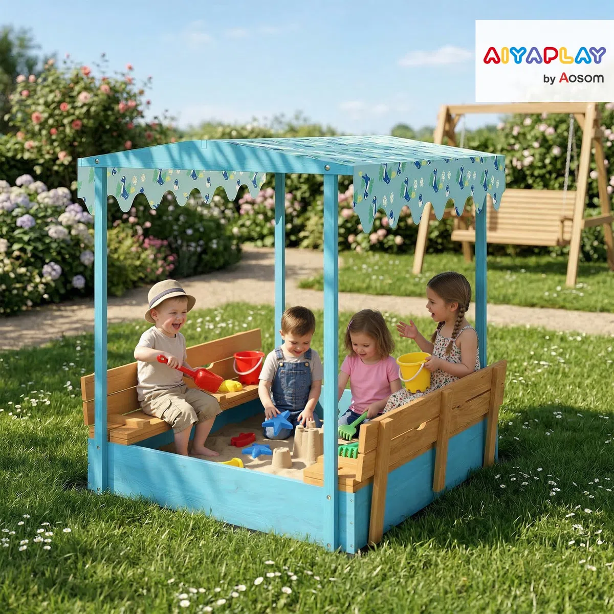 AIYAPLAY Sabbiera per Bambini 3-6 Anni con Tettuccio Dinosauri, Sedute Pieghevoli, Coperchio e Fodera Inclusa, Sabbionaia per Bambini in Legno di Abete, 134.5x127.5x130 cm, Blu