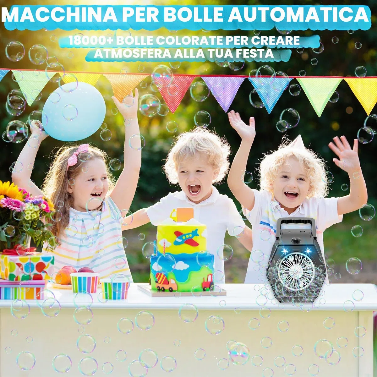 Macchina Bolle di Sapone, Spara Bolle di Sapone Automatico, 18000+ Bolle al Minuto, 2 Velocità, Giochi da Esterno per Bambini, Gadget Compleanno Bambin Matrimonio (Nero)