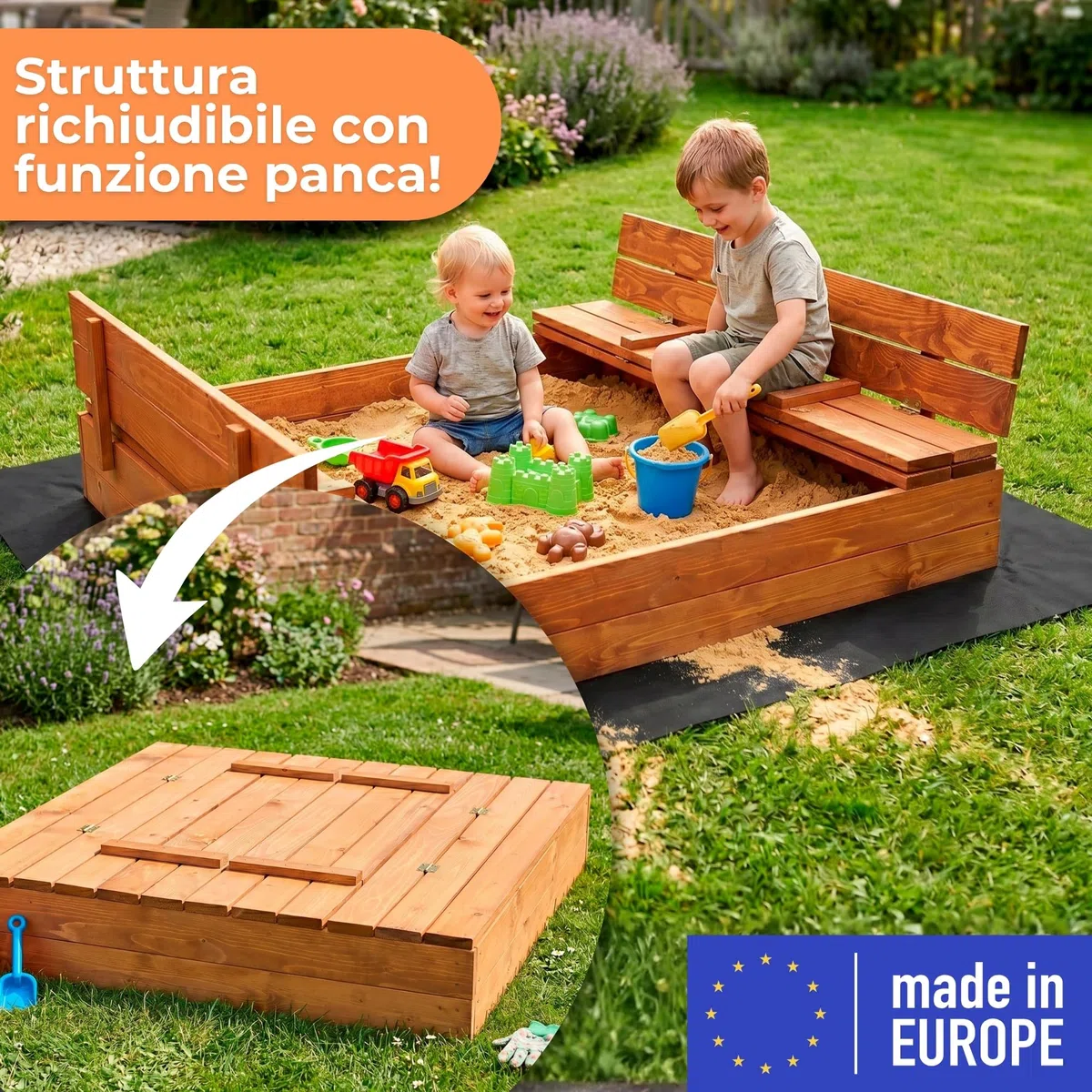 Springos Sabbiera in legno 120 x 120 cm, impregnazione ecologica a base d'acqua, bordi arrotondati, inclusi geotessile e telone, tavole stabili da 18 – 20 mm, montaggio fai da te, prodotta in Polonia