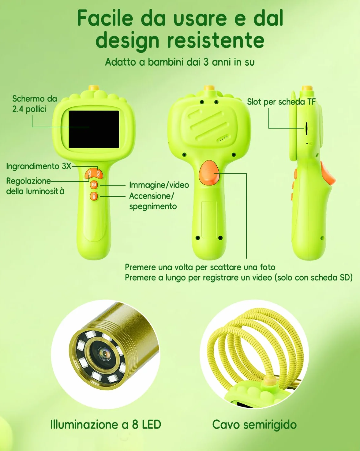 Endoscopio per bambini, Camera bambini 1080P, Gioco STEM per esplorazione all'aperto, giardino, campeggio e natura, Migliori regali di compleanno per ragazzi e ragazze di 4, 5, 6, 7, 8, 9, 10 anni