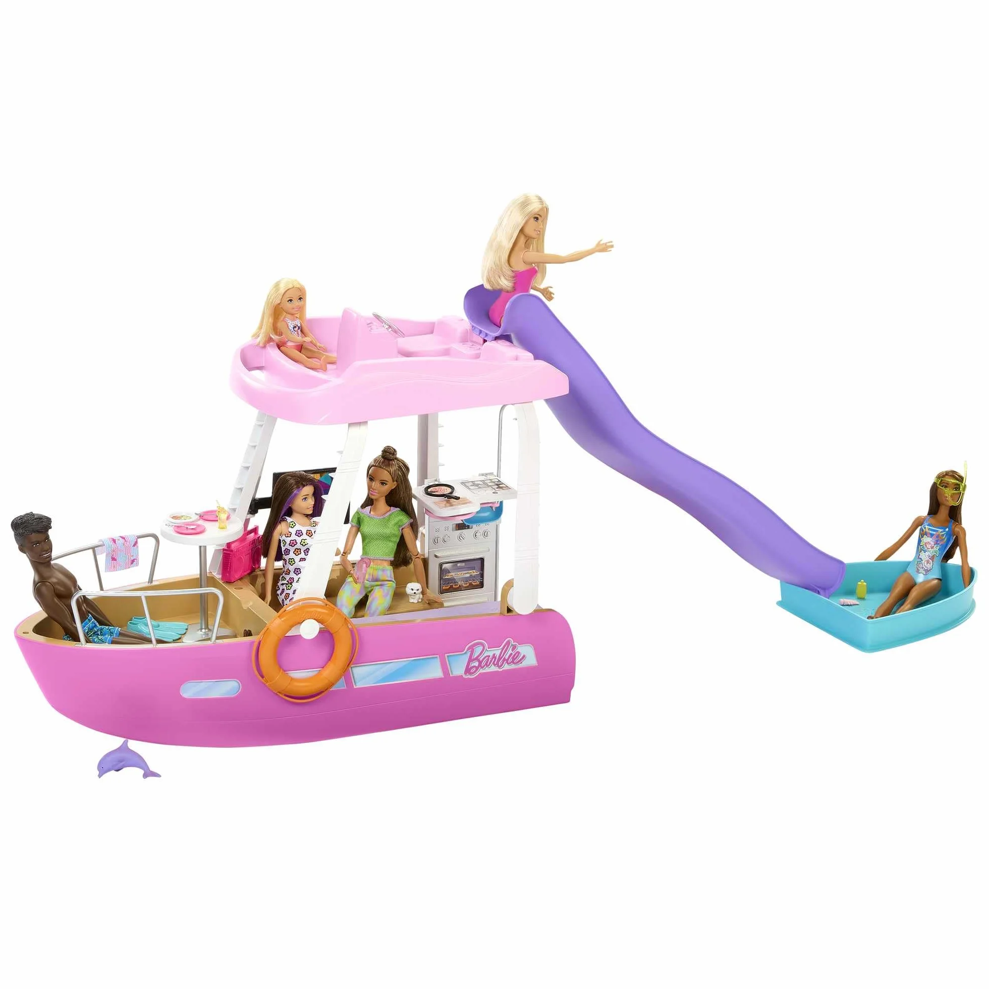 Barbie - Barca dei Sogni, Playset con piscina, scivolo, un delfino e 20+ accessori, giocattolo per bambini, 3+ anni, HJV37