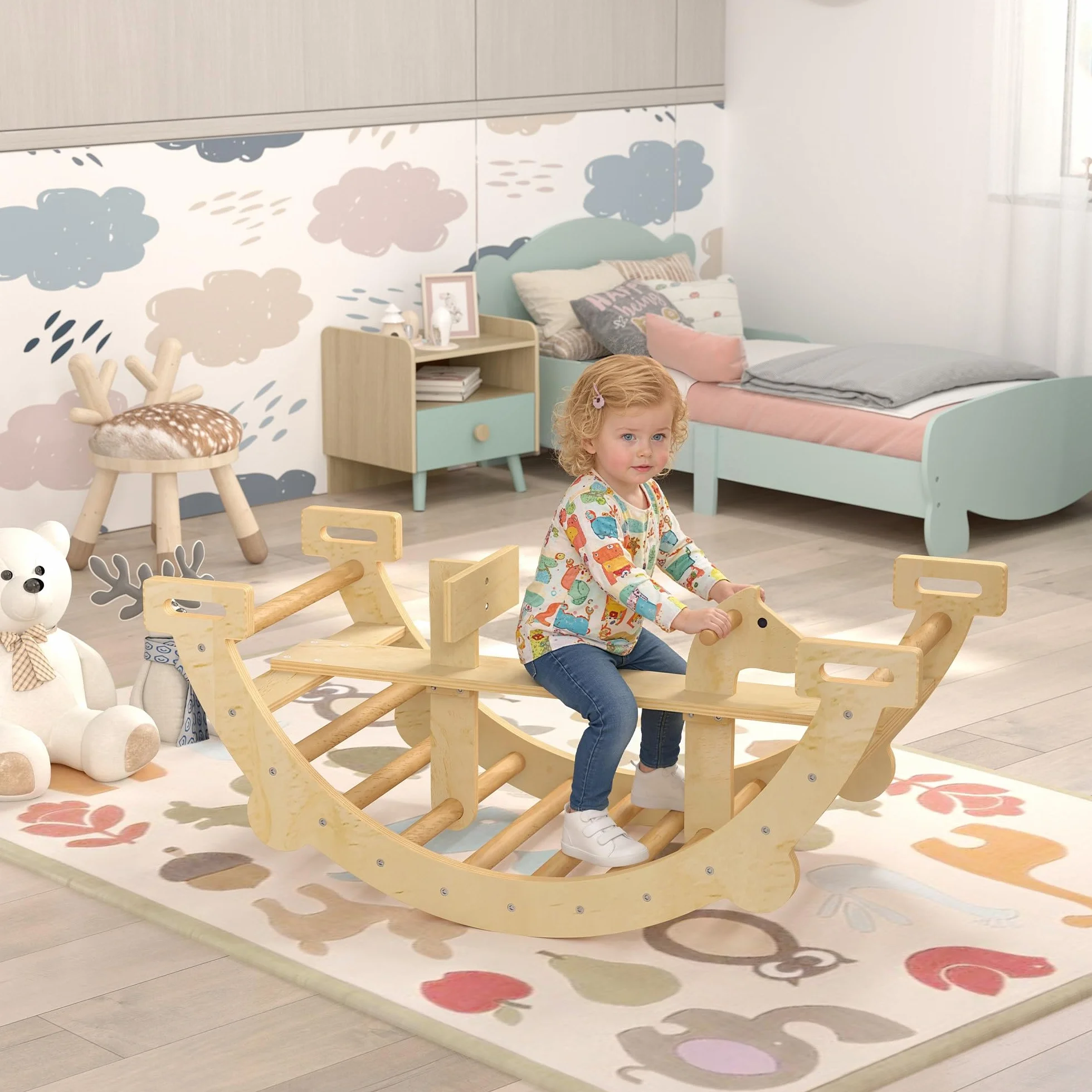 AIYAPLAY Arco Montessori per Bambini 2-4 Anni Convertibile in Dondolo, Gioco Arrampicata in Legno, 110x52x45 cm, color Legno