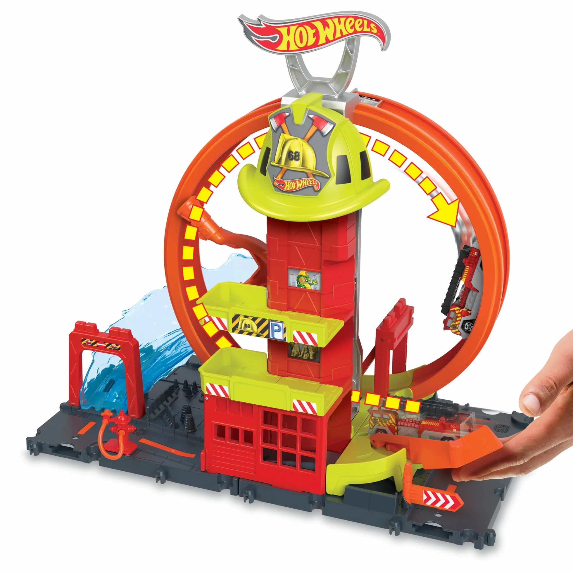 Hot Wheels - City Caserma dei Pompieri con Super Loop, con 1 macchinina, ascensore azionato manualmente, rampa simil-acquatica, Giocattolo per Bambini 4+ Anni, HKX41