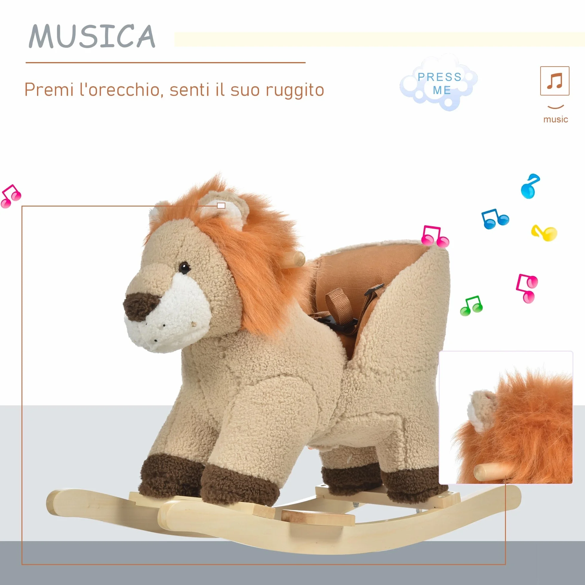 HOMCOM Dondolo Giocattolo a Forma di Leone per Bambini 18-36 Mesi, Ruggisce (3 Batterie Incluse), in Legno e Peluche