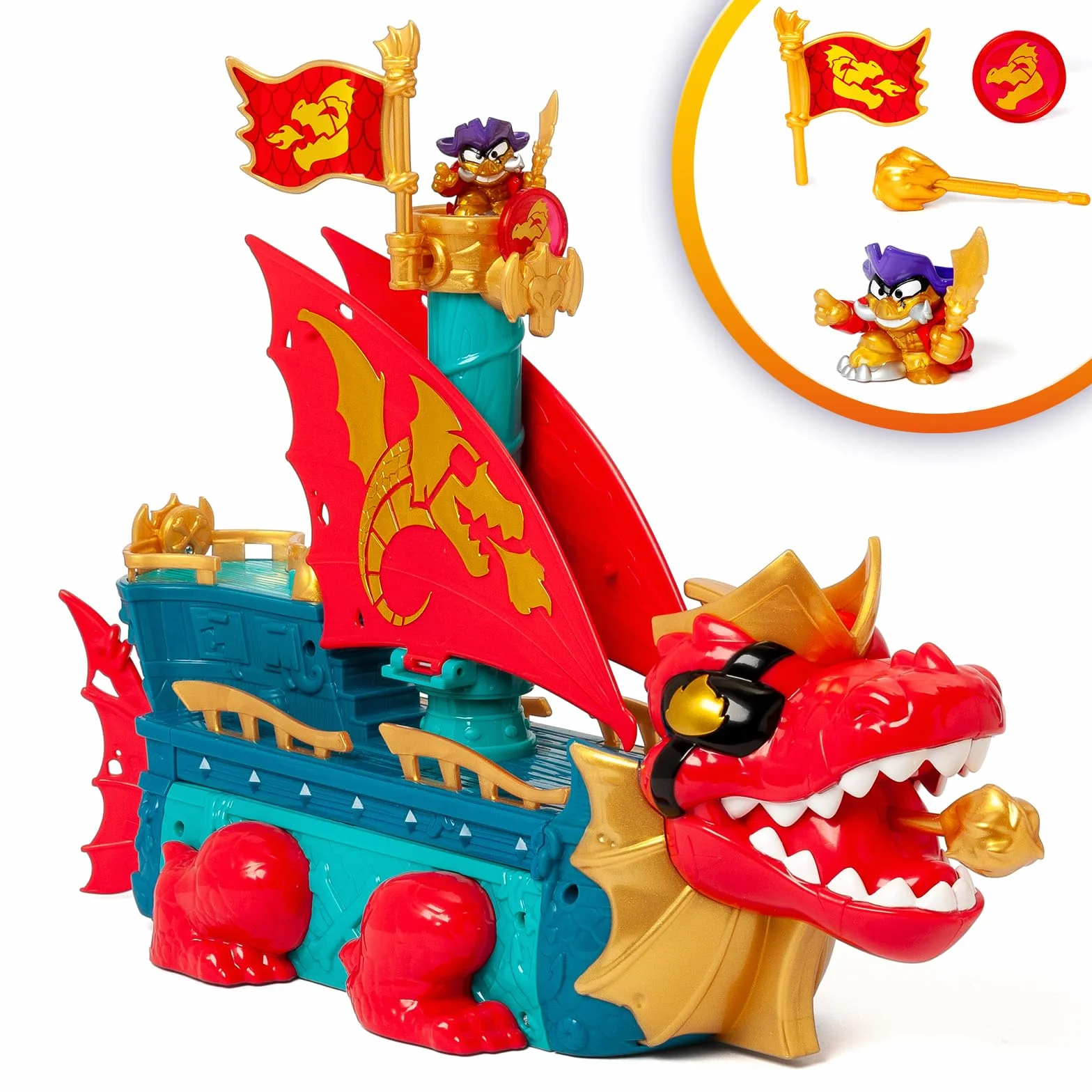 PIRATIX Dragon Ship – Piratix Dragon Nave All Terreno 3 in 1: Terra, Mare e Aria. Contiene 1 Nave Dragone, 1 Piratix Esclusivo, 1 Tesoro Esclusivo, 1 Bandiera e 1 proiettile