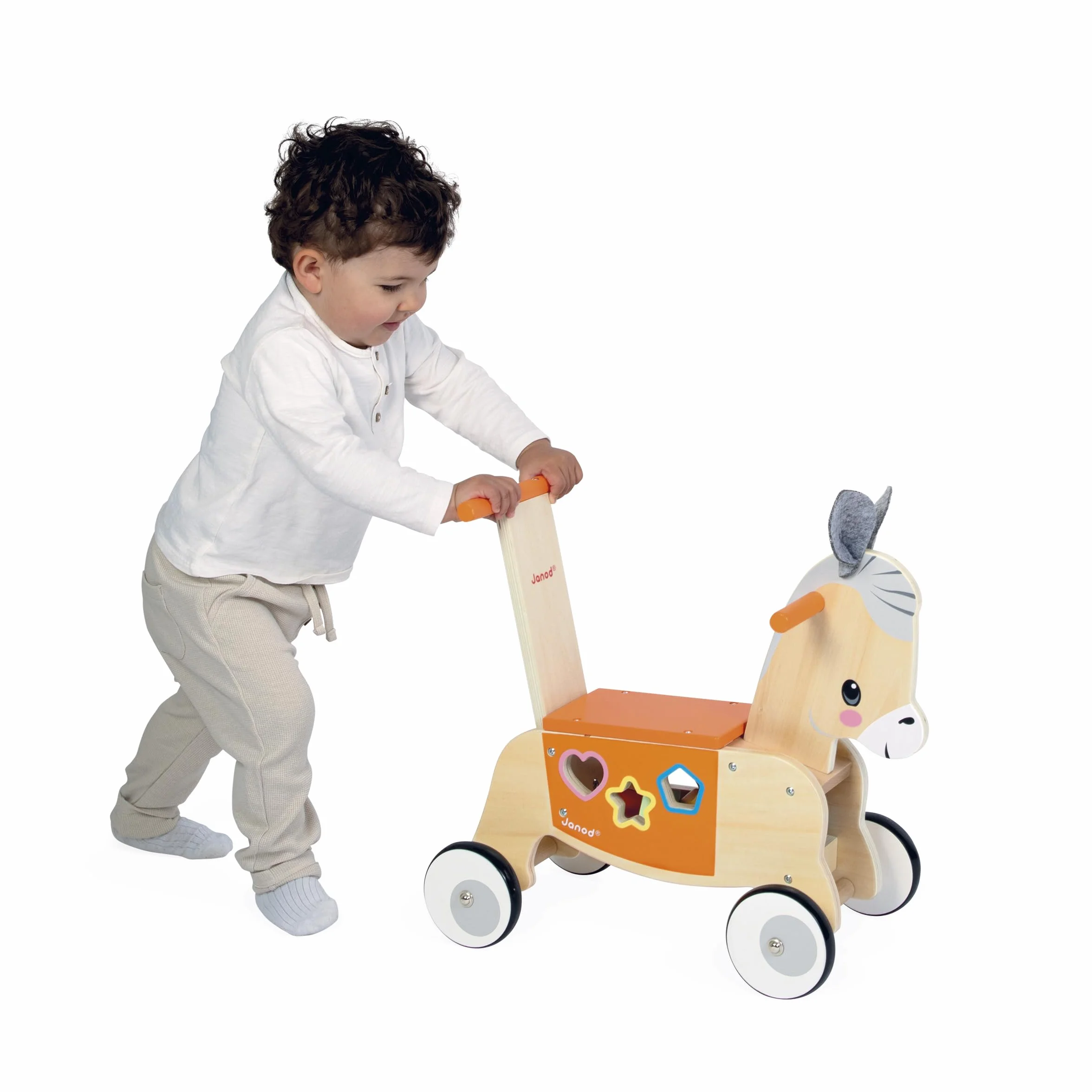 Janod Asino in legno con scatola delle forme integrata, Funzione trottatore, Ruote silenziose, Allenamento dell'equilibrio e delle capacità motorie, Giocattolo in legno, Da 12 mesi, J03325